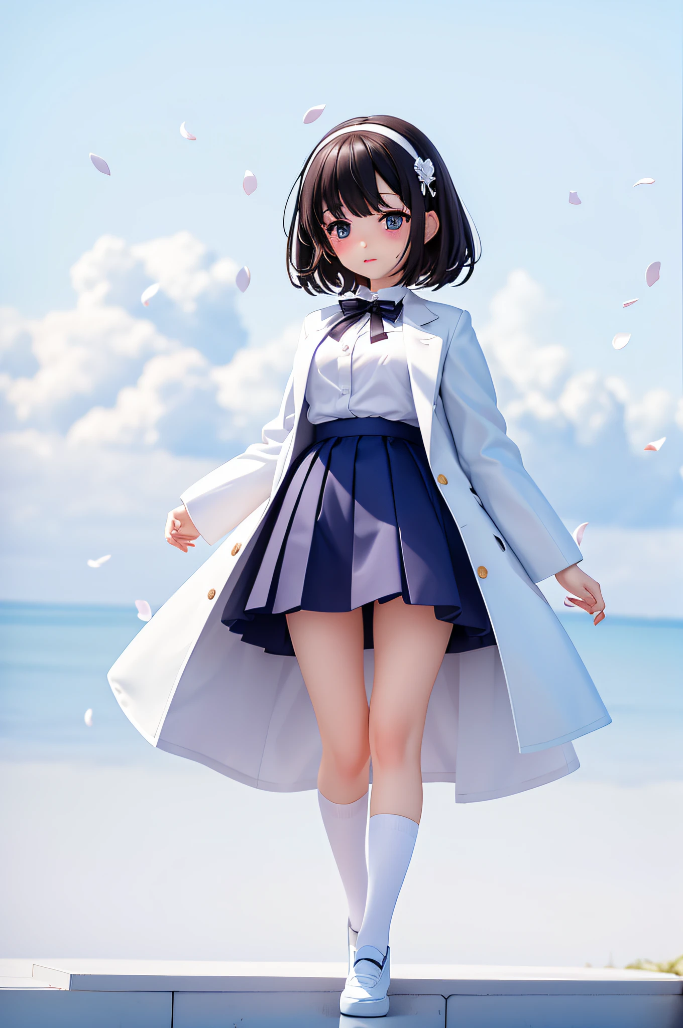 (tmasterpiece)(Excellent image quality)(Extremely delicate)A girl with black hair,Short hair covers ears,White-colored skin,Big eyes sparkle,There is a tear mole in the right eye,blushed cheeks,Pink heart in hand,white shirt,Black coat,pleatedskirt,Student uniform,over knee socks,Brown leather shoes,Blue sky and white clouds on background,Petals flying