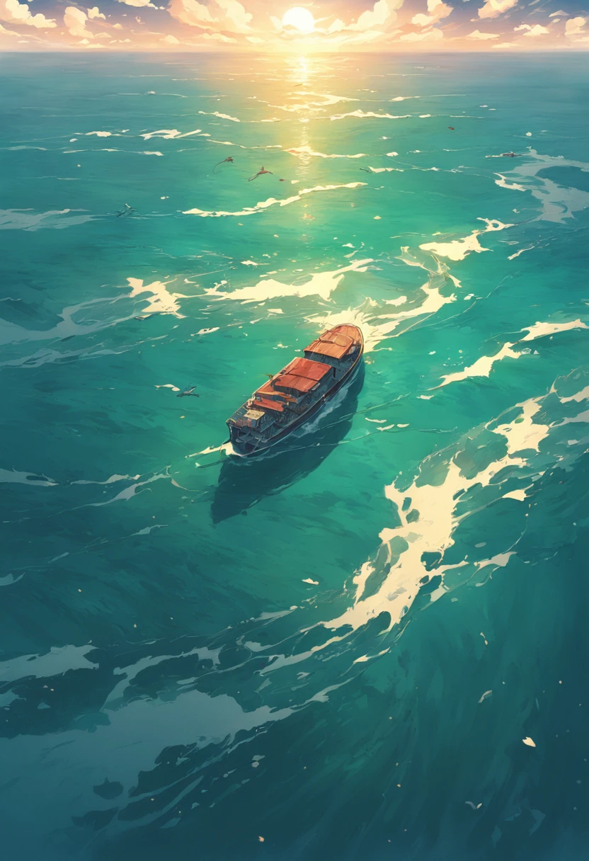 vast expanse of emerald green mountains and a deep blue ocean. with a drifting boat