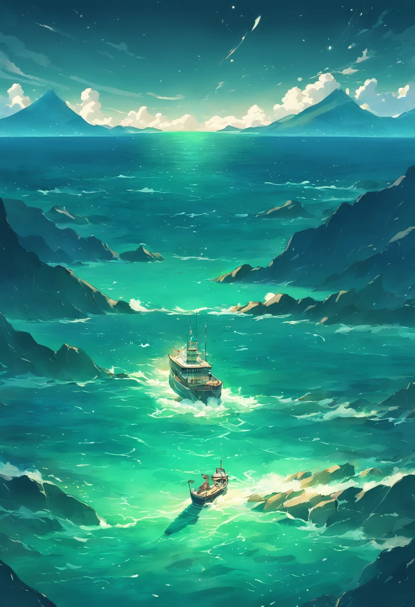 vast expanse of emerald green mountains and a deep blue ocean. with a drifting boat