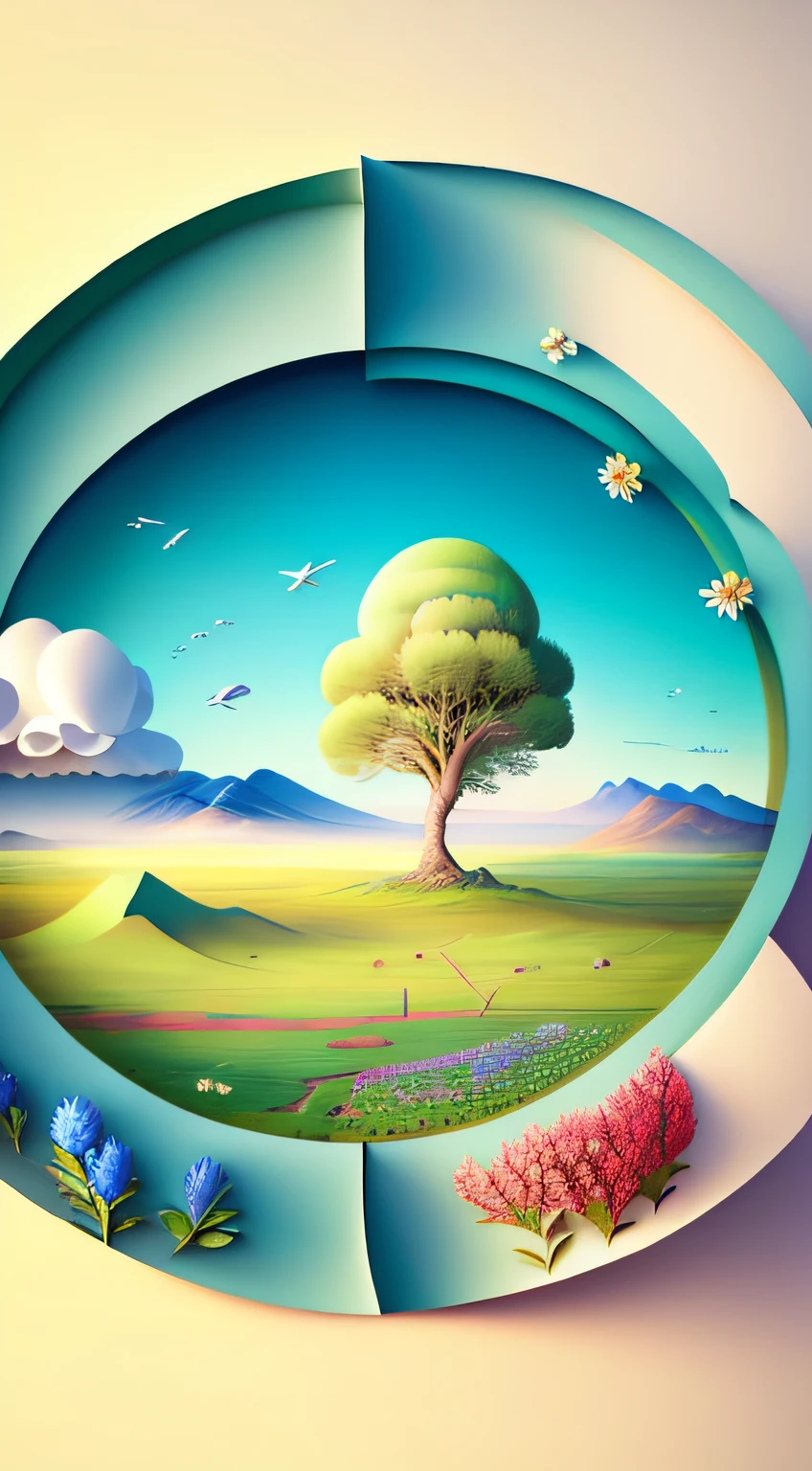 Natural and organic depictions of vast landscapes,Sky and steppe,Kelsang flowers,Clouds,Big wind,Features earth tones and botanical motifs,Withdraw connections to nature and the environment,Influenced by botanical illustrations or environmental art,softlighting,(warm color:1.15),best quality exquisite details,3D rendering of,The back of a middle-aged man,The back of a middle-aged man