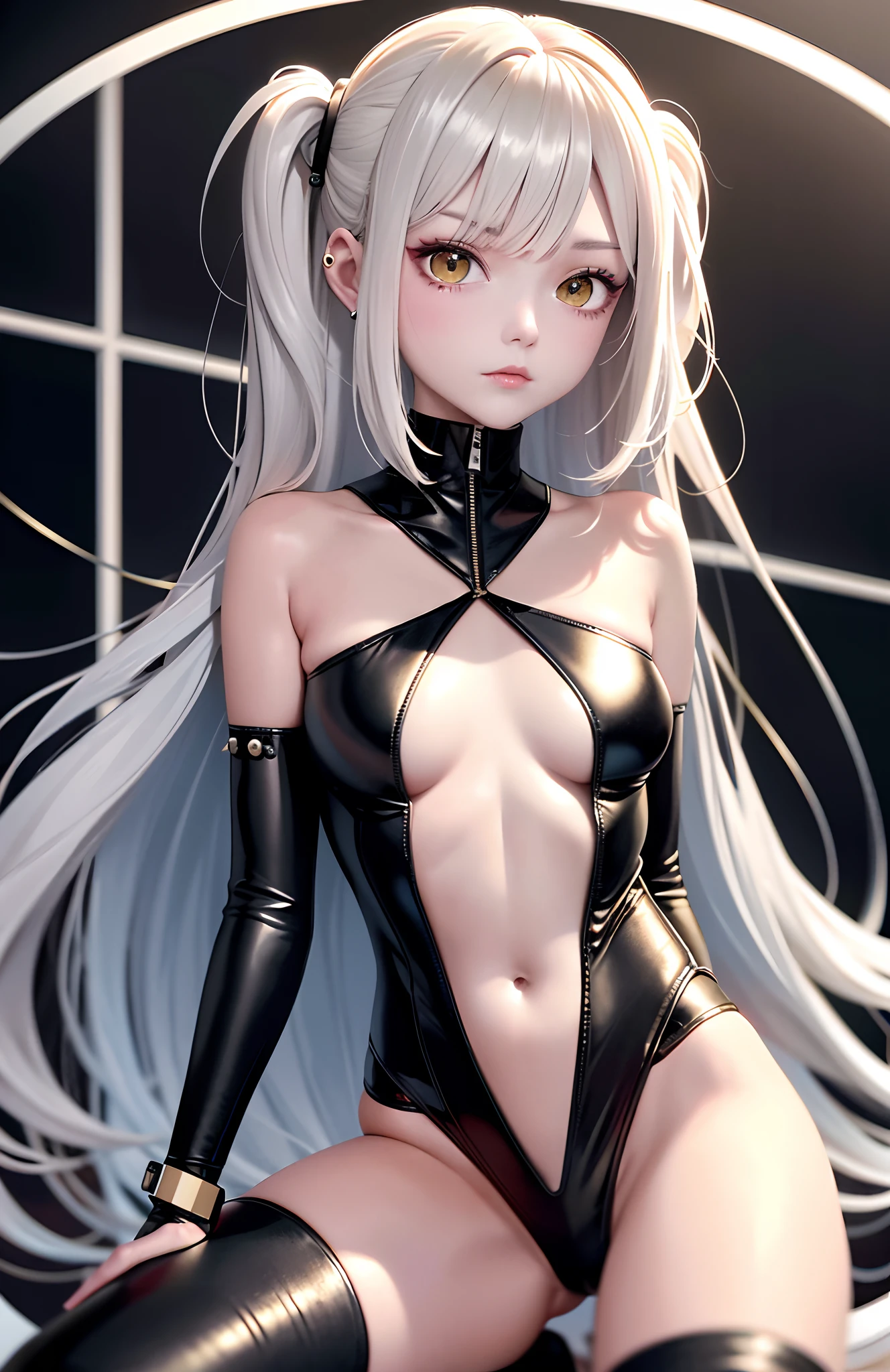 optimum,tmasterpiece,A high resolution,best qualtiy,hyper HD,super detailing,Award-Awarded,16k,独奏,((The upper part of the body)),((Bust)),anatomy correct,Beautiful cyberpunk girl,cute face,,Gradient Beige Hair,Hairline,((Dark golden eyes)),long eyelasher,Hanging eye corners,White skin of the,(small boobs),(Slim body),((Women's super short shawl leather jacket)),((goth style,racing_suit)),(()),ear studs,(Neck strap),(Laser material clothing:1.2)