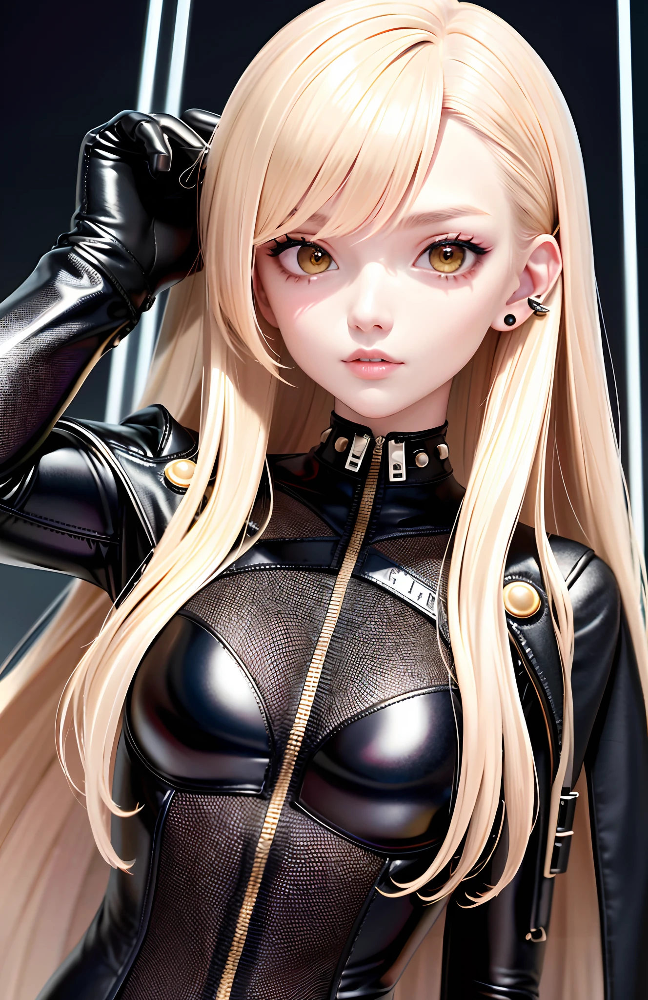 optimum,tmasterpiece,A high resolution,best qualtiy,hyper HD,super detailing,Award-Awarded,16k,独奏,((The upper part of the body)),((Bust)),anatomy correct,Beautiful cyberpunk girl,cute face,,Gradient Beige Hair,Hairline,((Dark golden eyes)),long eyelasher,Hanging eye corners,White skin of the,(small boobs),(Slim body),((Women's super short shawl leather jacket)),((goth style,racing_suit)),(()),ear studs,(Neck strap),(Laser material clothing:1.2)
