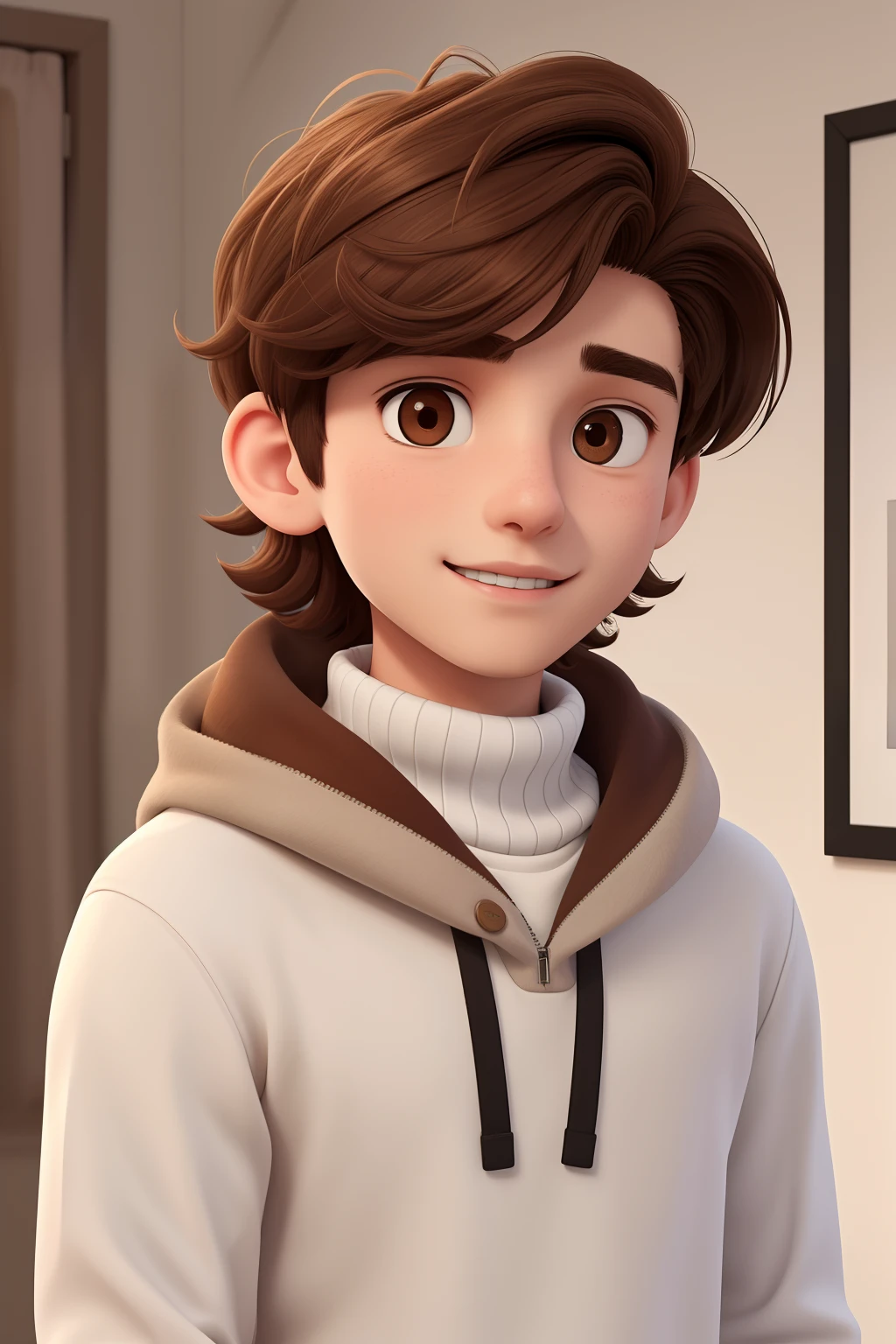 A young man of 17 years old, with brown disheveled hair, cute face, boxy face, and brown eyes, wearing white turtleneck.