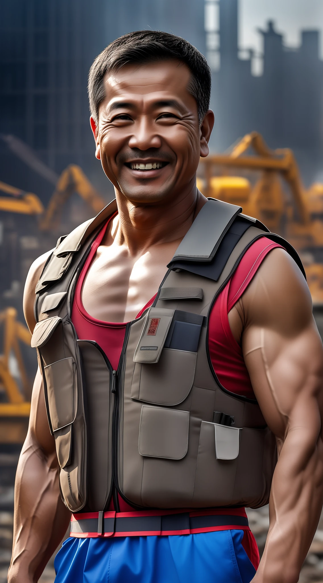 Middle-aged migrant workers，healthy complexion，Asia face，Slag，Round inch，Muscles are strong，The pectoral muscles exploded，The vest is tight，Briefs，A big smile，Flushed complexion，Wipe the sweat with one hand，Overlooking，toplight，Background：Construction sites，k hd，The picture quality is delicate，Realistic painting style