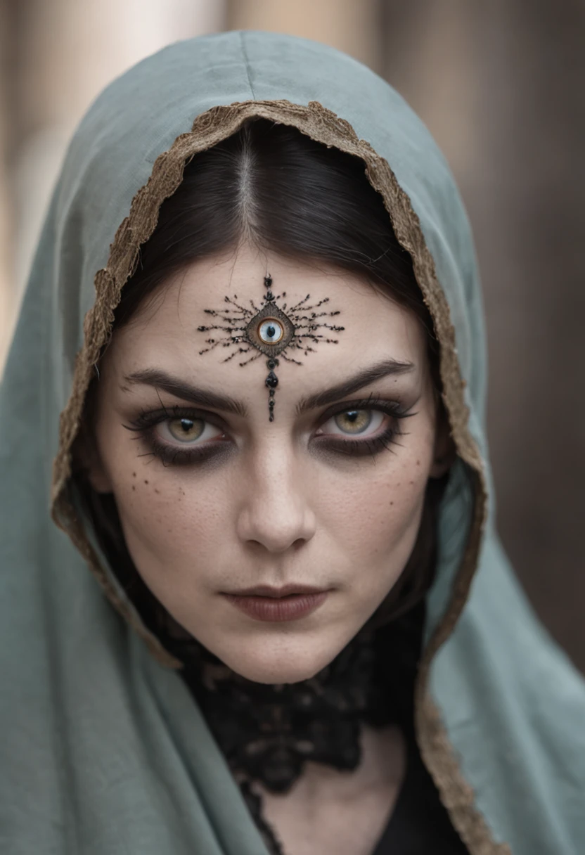 The eyes are like cat's eyes due to disease，Cross in hand，Angry nun with cat on her shoulder