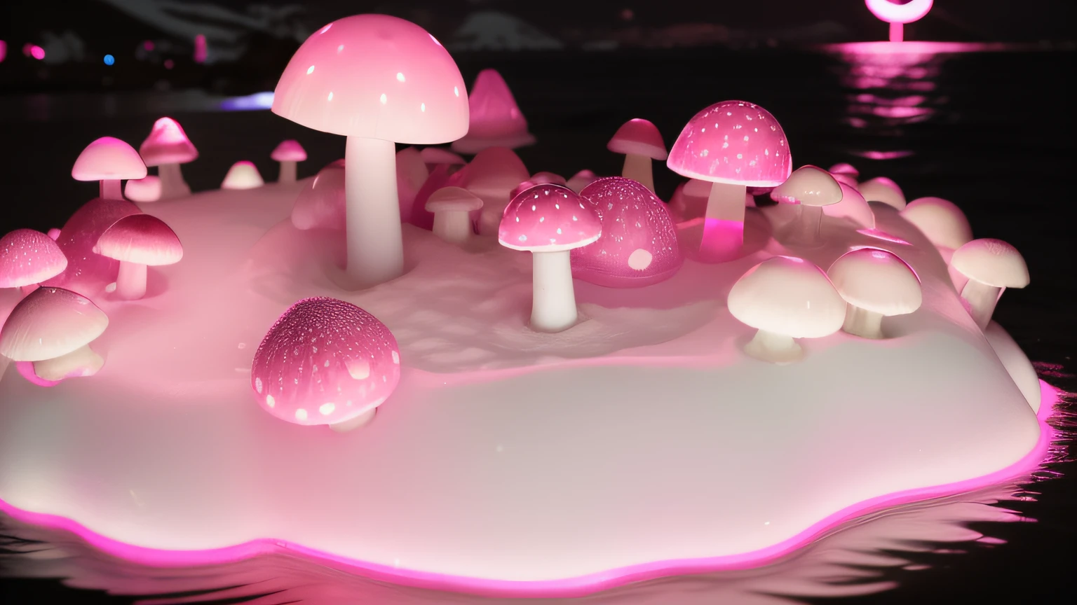 foto real. Neon dark pink mushroom. Neon Mushroom. Neve branca. neon light. Iceberg. Gelo. Neve. Ice. Iceberg. Mar negro. Mar. Oceano. Agua. Reflexo na agua.