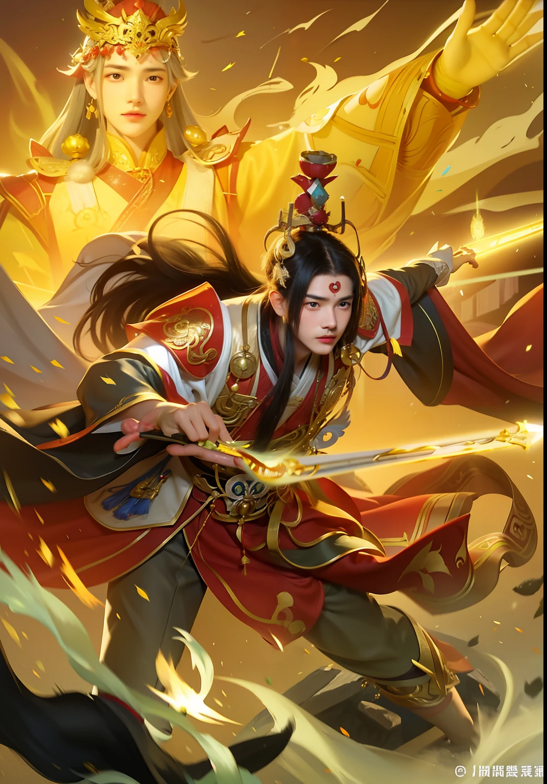 a drawing,One was dressed in a red robe,A man with a crown on his head, heise jinyao, Inspired by Huang Shen, bian lian, xianxia hero, by Yang J, Inspired by Seki Dosheng, Guan yu, zhao yun, Onmyoji detailed art, inspired by Yang Jin, Inspired by Hu Zaobin, inspired by Wu Bin
