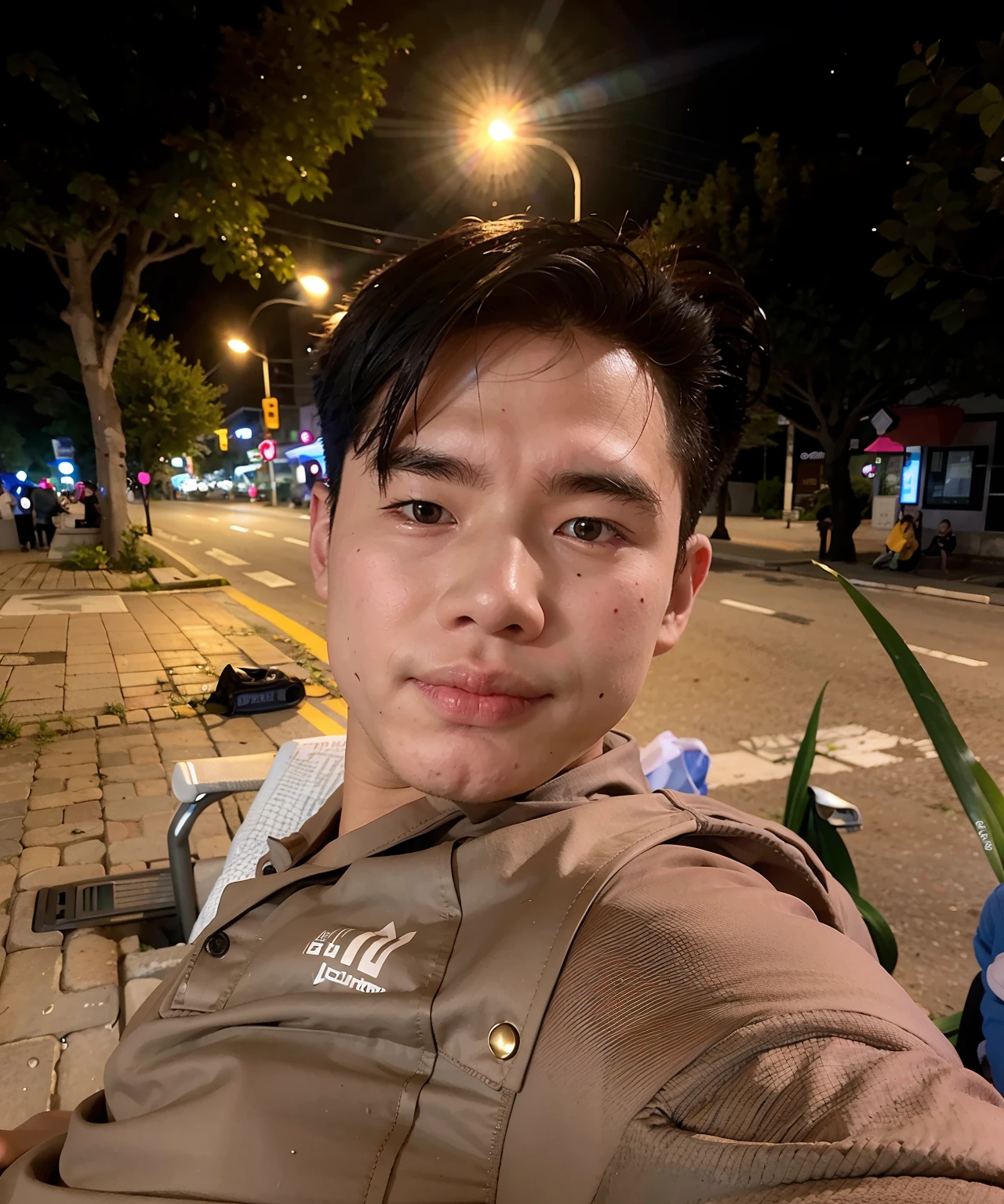 there is a man that is sitting on a bench in the street, hoang long ly, dang my linh, around 1 9 years old, thawan duchanee, taken in the early 2020s, 2 7 years old, night photo, at nighttime, 2 8 years old, bao pham, south east asian with round face