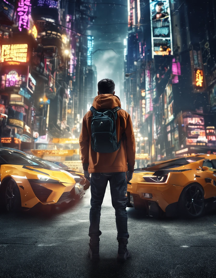 tmasterpiece，best qualtiy，cinematic Film still from,3boysl，High-tech learning city technology looks up landscape, Three boys back, Perspective, deep in the night, the night, Best quality dark background，（spark of light：0.7）