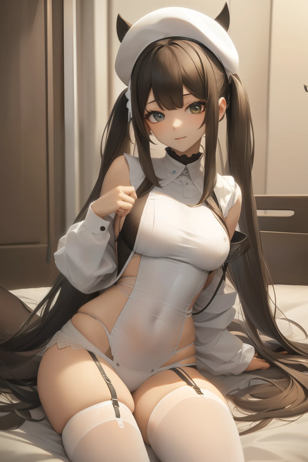 8K, Super detail, curate, Best quality, Masterpiece, 1girll, Detal Face, dual horsetail,black color hair，Hats, full bodyesbian, White clothes, desk, Bed