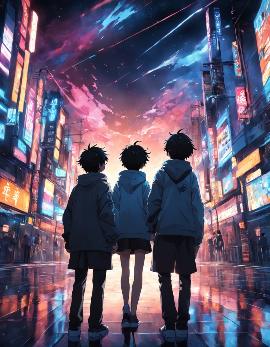tmasterpiece，best qualtiy，cinematic Film still from,3boysl，High-tech learning city technology looks up landscape, Three boys back, Perspective, deep in the night, the night, Best quality dark background，（spark of light：0.7）