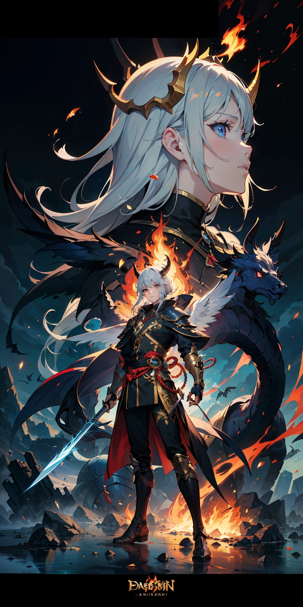 Anime figure，Dark villain，Beauty side face，Long hair flying，（golden headdress），Two teenage girls back to back，（Simple helmet）Spark ashes burn，The samurai held a sword, Wear contrasting armor, The full picture of the witch and witch skeleton,（standing full-body），（（Faraway view）），（HD8K），ultra-wide-angle，The background is gorgeous，the original god, demon anime girl, Angel anime girl，fantasy paladin man, Dragon Knight,Spread your black feathered wings，Mobile Genshin Influence, Anime 8 k, Anime fantasy illustration, Genshin Impact, Tough and cold character, Detailed key anime art, Ayaka Genshin impact, onmyoji portrait，Close-up of shooting random weapons, Comic book epic artwork, Epic fantasy digital art style,Epic fantasy art style, 8K high quality detailed art, Epic fantasy art style HD, Faraway view，Behind him，It is a golden glowing magic array。，Purify the flame，HD anime visuals，full portrait of magical knight，