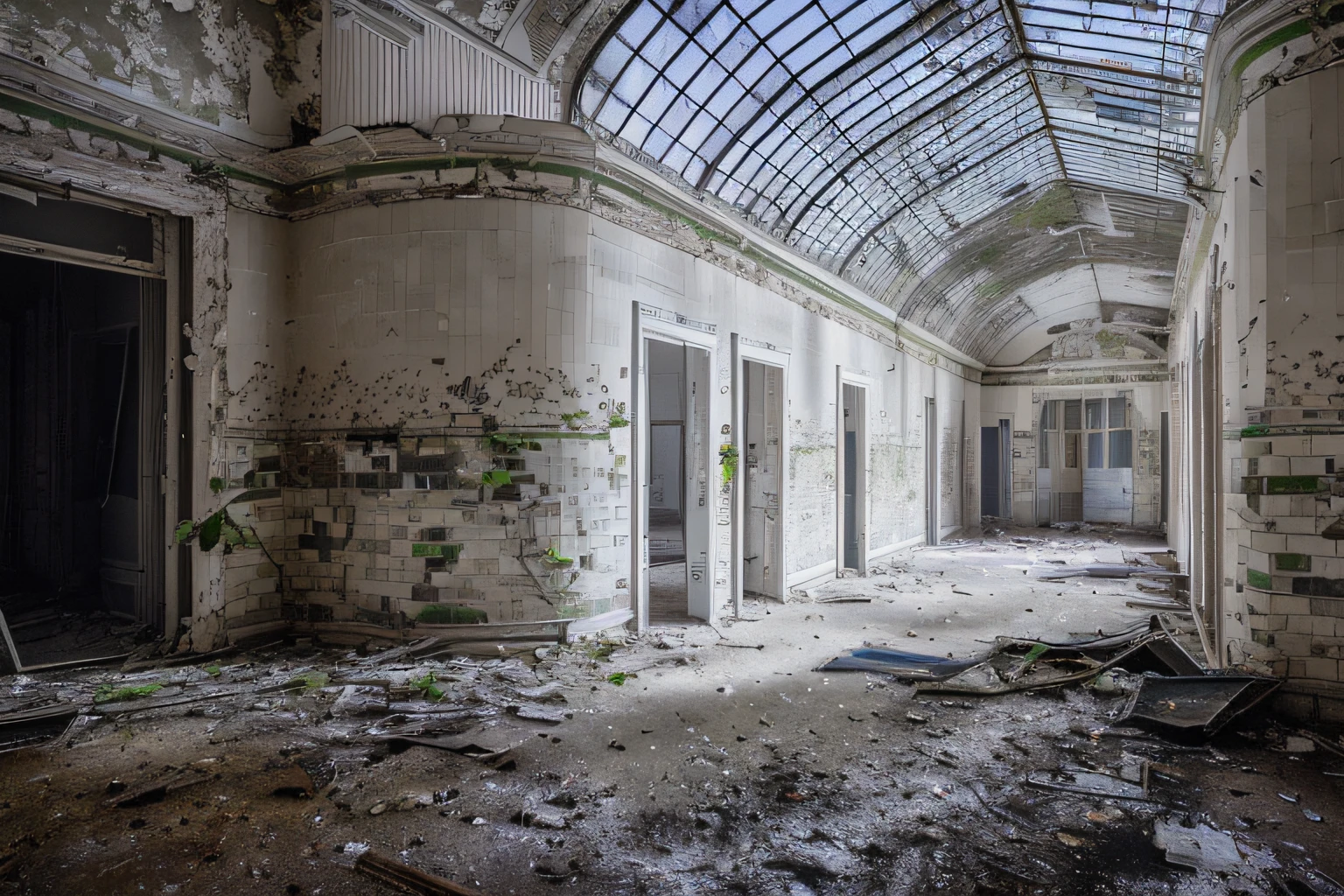 There is a room with lots of windows and a ceiling, Exploration urbaine, Photographie Urbex, abandoned hospital, Urbex, Interior abandoned hospital, Abandoned spaces, an abandoned, Surreal abandoned buildings, Abandoned asylum, Abandoned places, Exploration urbaine, Déchiqué, abandonned, Beautiful decadence, abandoned buildings, abandonned, An abandoned courtyard, giant web spider, climbing ivy