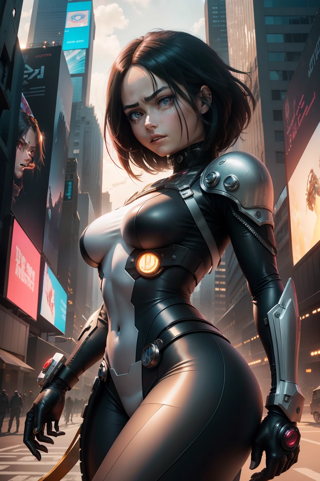 New York, time square, Alita, known as "Battle Angel", is the main character of the manga "Battle Angel Alita" created by Yukito Kishiro. She is a fearless cyborg with a mysterious past and exceptional combat skills. Endowed with great curiosity and compassion, Alita explores the futuristic city of Scrapyard in search of her true identity. Her angelic face contrasts with her determination and lethal skills as she fights mechanical and human threats, evolving both emotionally and physically over the course of the series. Alita embodies the fusion of humanity and technology, exploring themes of identity, justice and self-discovery, (Best Quality: 1.0), (Ultra Highres: 1.0), highly detailed face and eyes, (Photorealistic: 1.2)