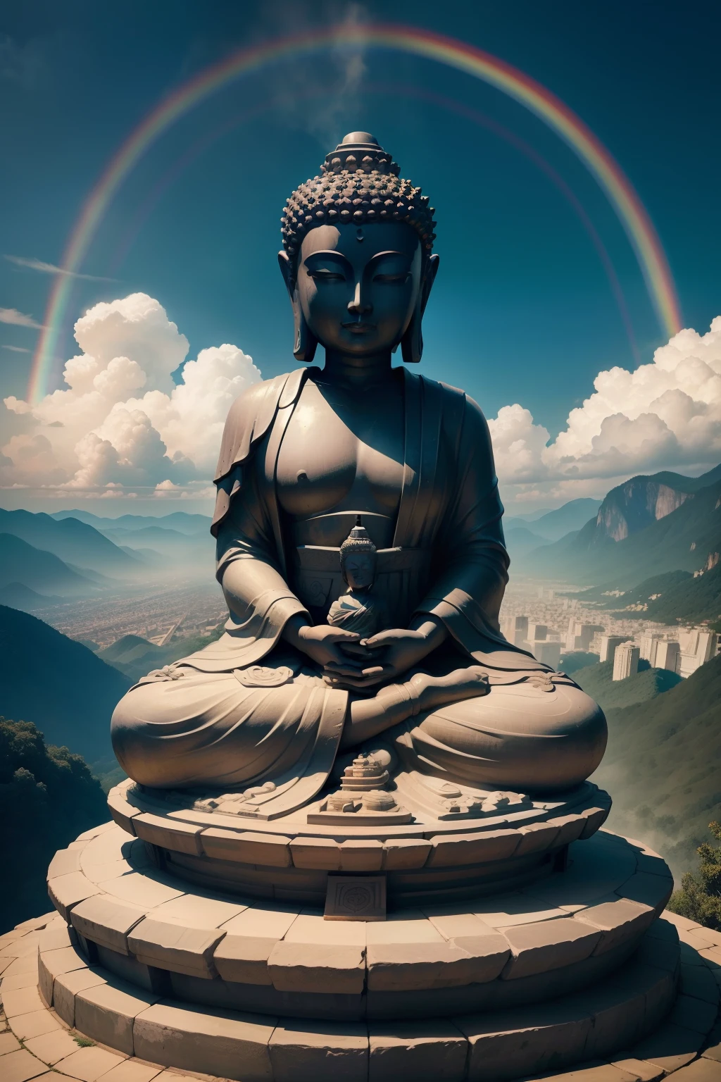 Pho),Huge Buddha statue，Sitting in the valley，Close your eyes，Holding a model city in both hands，There is a beautiful rainbow over the city model，Cloud，steams，Fanciful， Masterpieces, of the highest quality, Best Quality, offcial art, Beautiful and aesthetic,Front image