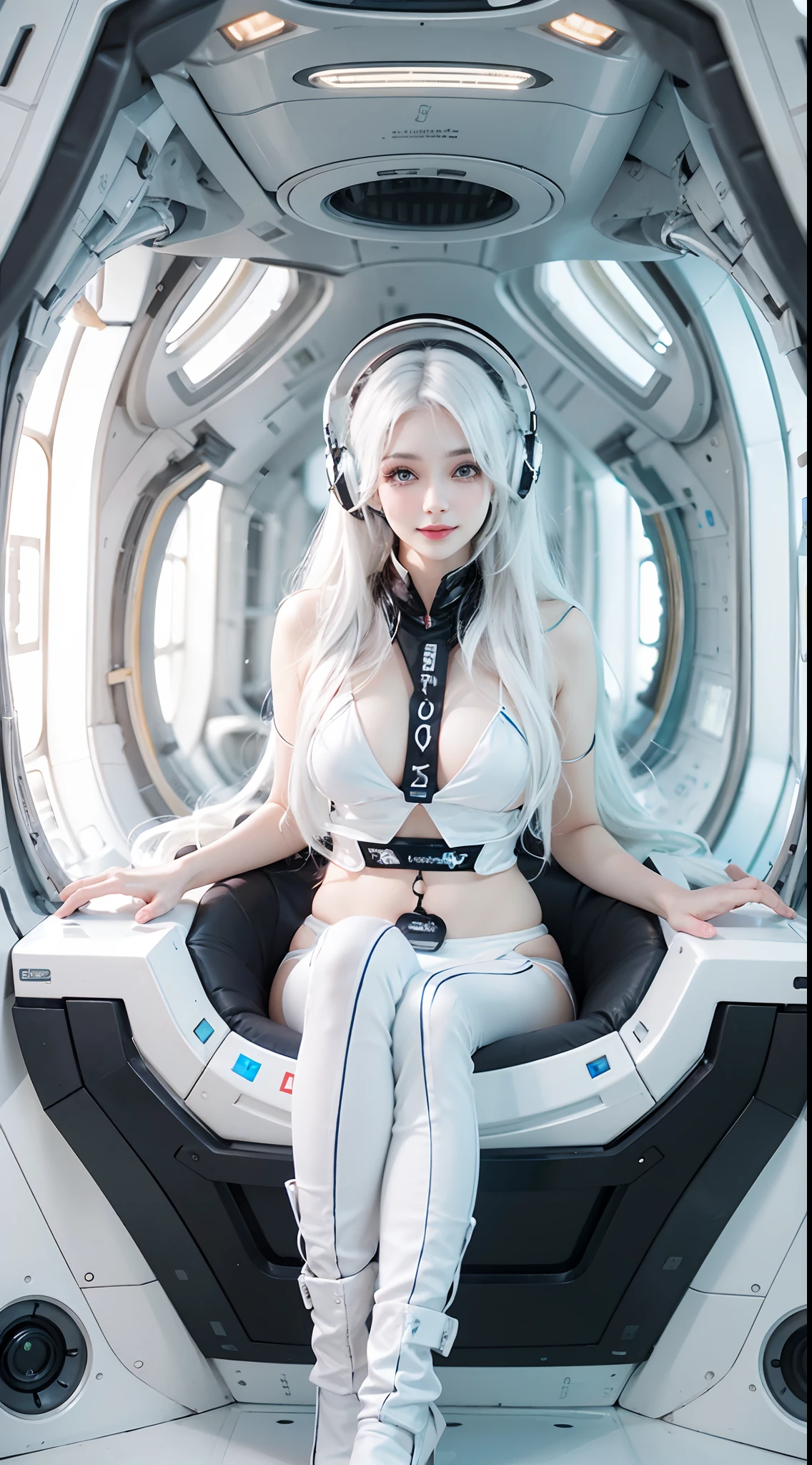 The enchanting woman raised her hand happily,Beautiful Women with Perfect Figure,Beautiful white skin,Beautiful eyes,Glossy lips,Lovely smile,White hair,Wear a bikini futuristic Lolita costume in white and black design,Headphones with functionality,Sitting inside the spaceship