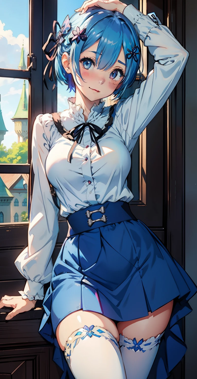 blue hair, rem \(re:zero\), [smile], blush, castle,, masterpiece, best quality, perfect lighting, 1girl, skirt, medium breasts,
