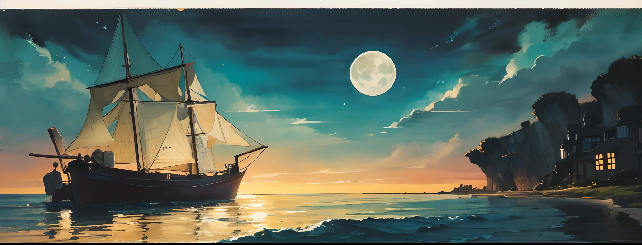 The sea is born bright moon on the sea, and there is a lonely boat floating on the surface of the sea Ink painting