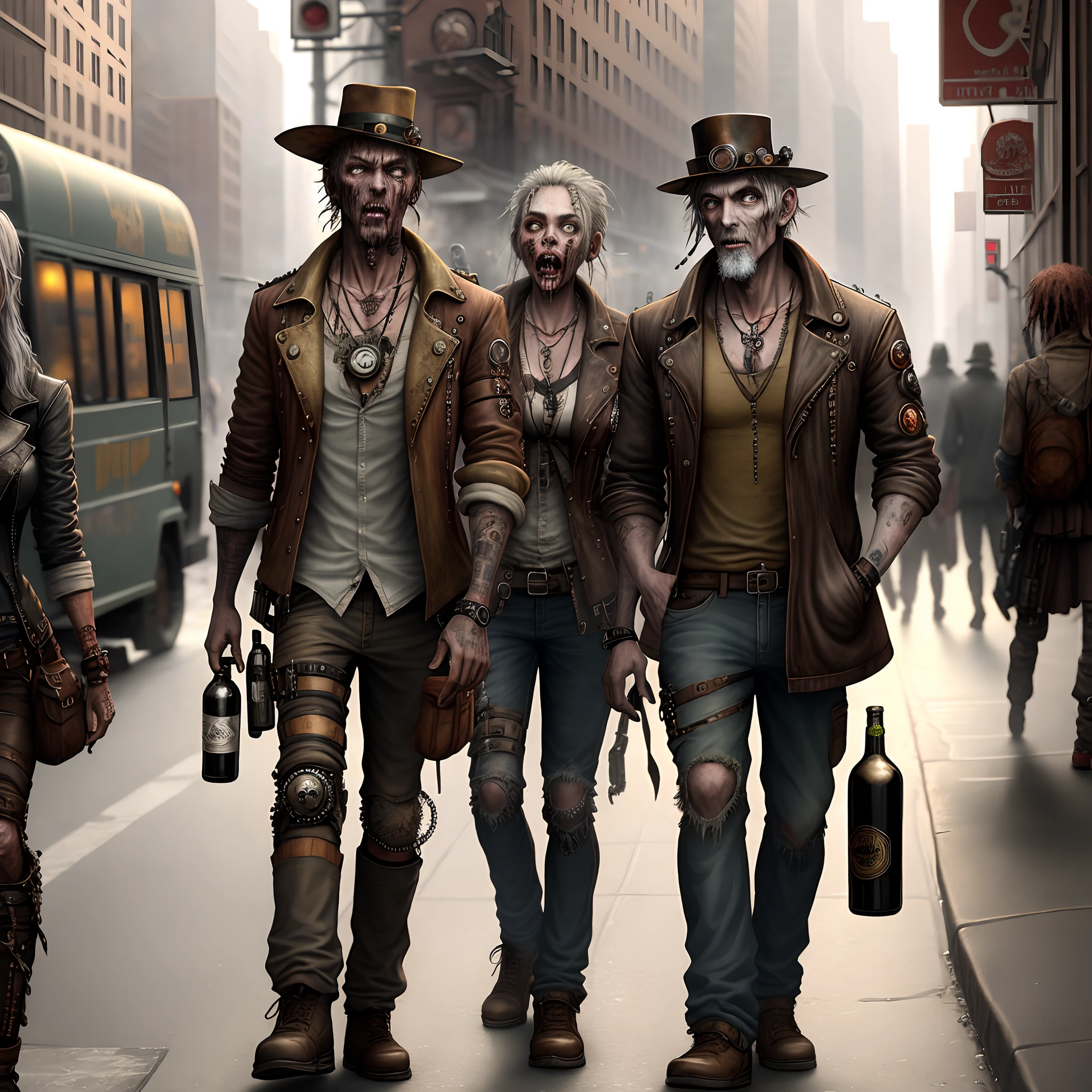 Create a cybernetic scarecrow with a bottle of whiskey in your hands American wild west saloon brandy cigar