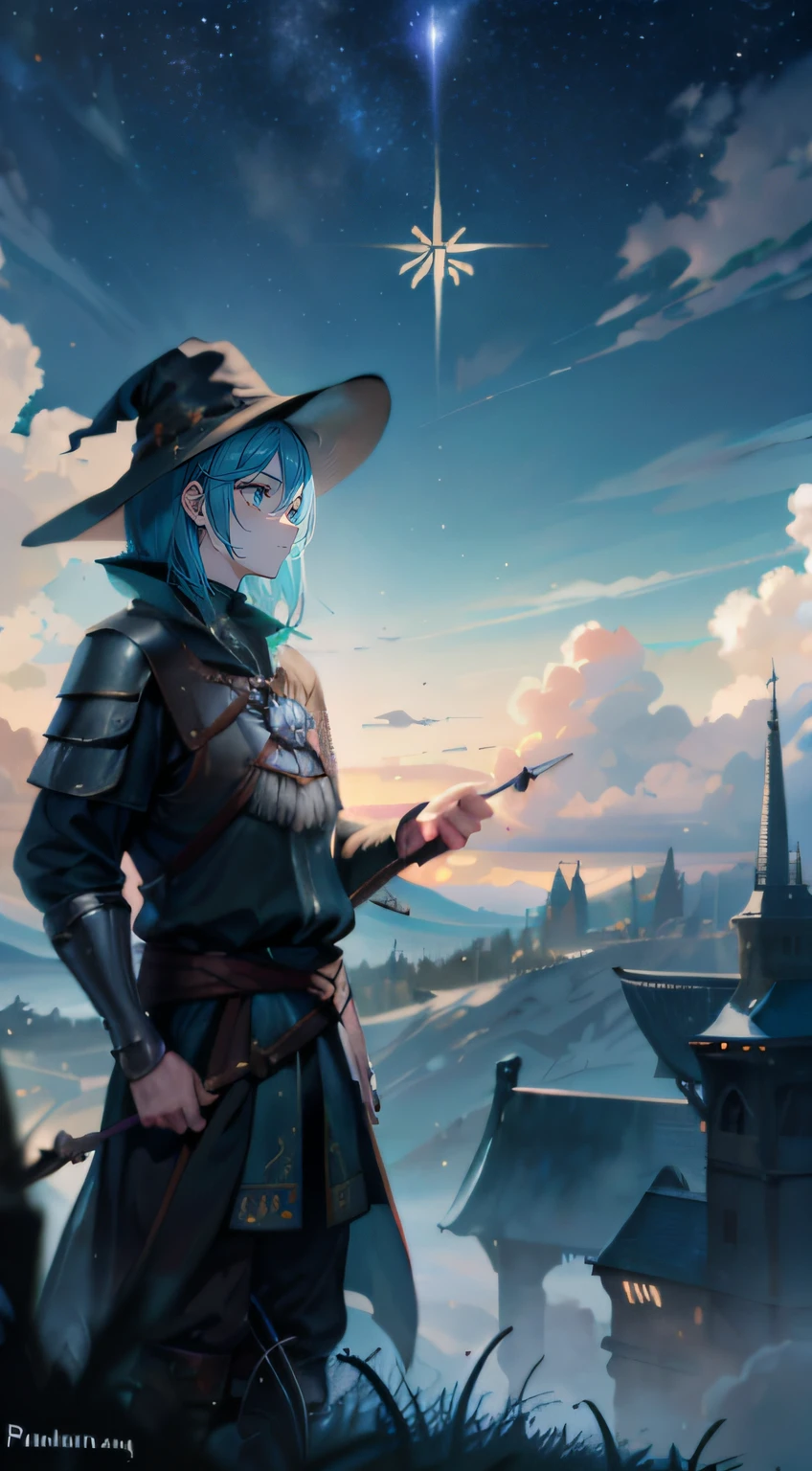 A man,the witcher,Wizard's Hat,Wide brim,spires,Cyan eyes,short detailed hair,pergaminhos,Place the reel at your waist,afloat,compass,nigh sky,stars,Under the starry sky,Blue light array,casting spells,wilderness,Steadfast,Warlock,photosphere,Law ball,The shadow of the stars,Compass in hand,tourist,hilltop,Cloud fog,NOWAI,dark night sky,male people,sideface,Image of a,The eye,short detailed hair,Five fingers on the left hand
