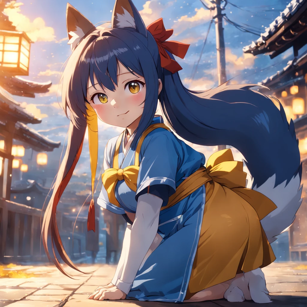 masterpiece、top-quality、Movie stills、a closeup、发光、happiness、Warm soft lighting、the setting sun、(Spark:0.7)Anime girl in blue hakama and yellow apron,Big Shiba Inu tail on the tail,yellow fox ears,Very long dark brown ponytail,( Thin red ribbon in hair)、