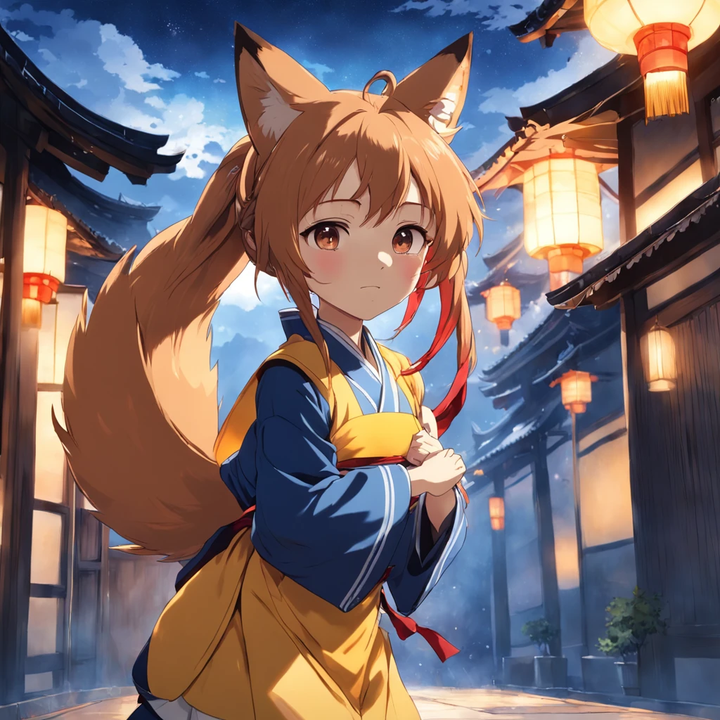 masterpiece、top-quality、Movie stills、a closeup、发光、happiness、Warm soft lighting、the setting sun、(Spark:0.7)Anime girl in blue hakama and yellow apron,Big Shiba Inu tail on the tail,yellow fox ears,Very long dark brown ponytail,( Thin red ribbon in hair)、