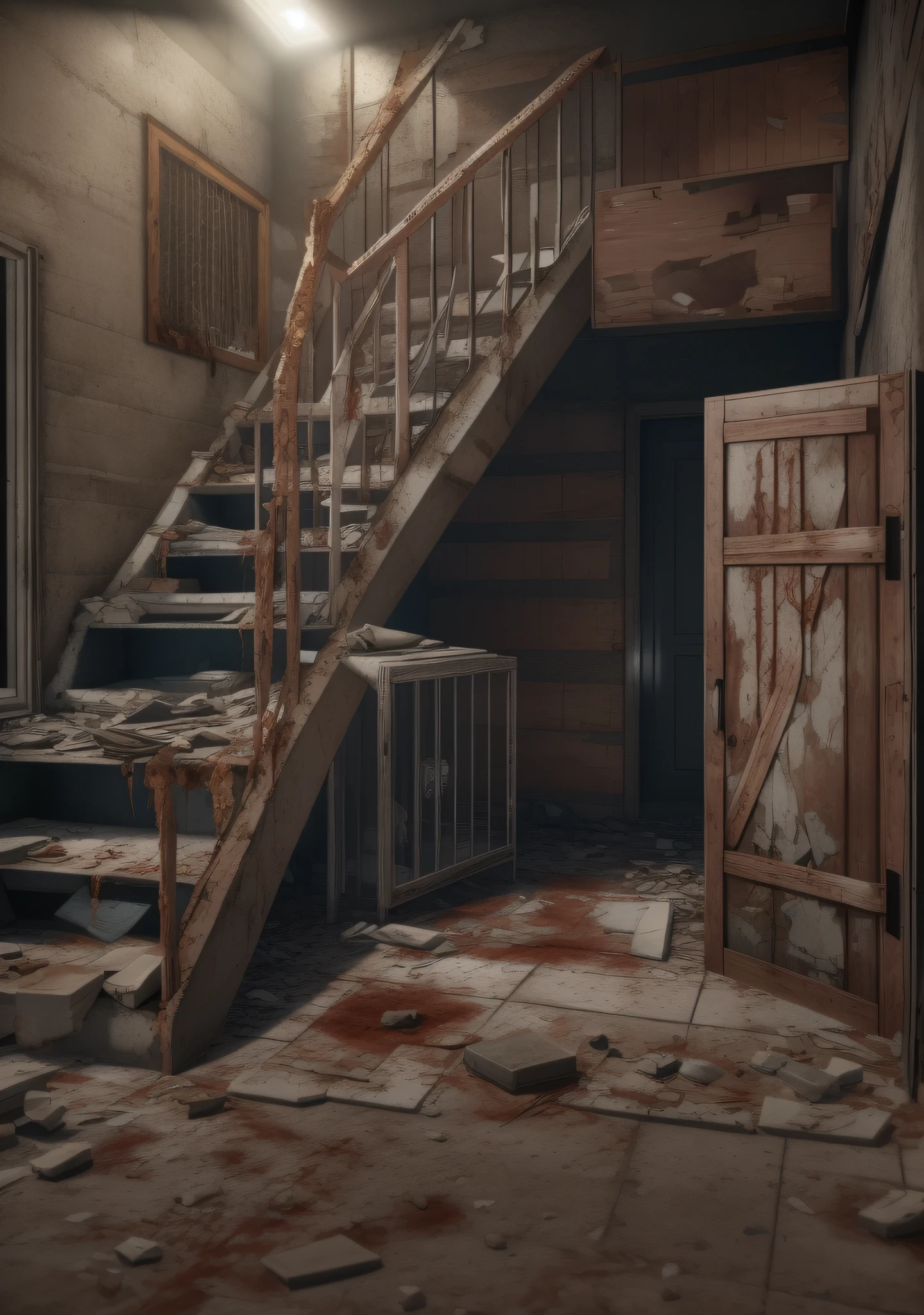 Apocalyptic Safe House，Two protective doors，Dilapidated stairways，Armageddon，Zombie games，Dim lighting，Iron mesh doors，Planks nailed to the door，Fridge against the door，Armageddon，Survival game，Zombie games，Realistic scenes，ultraclear，Lots of detail