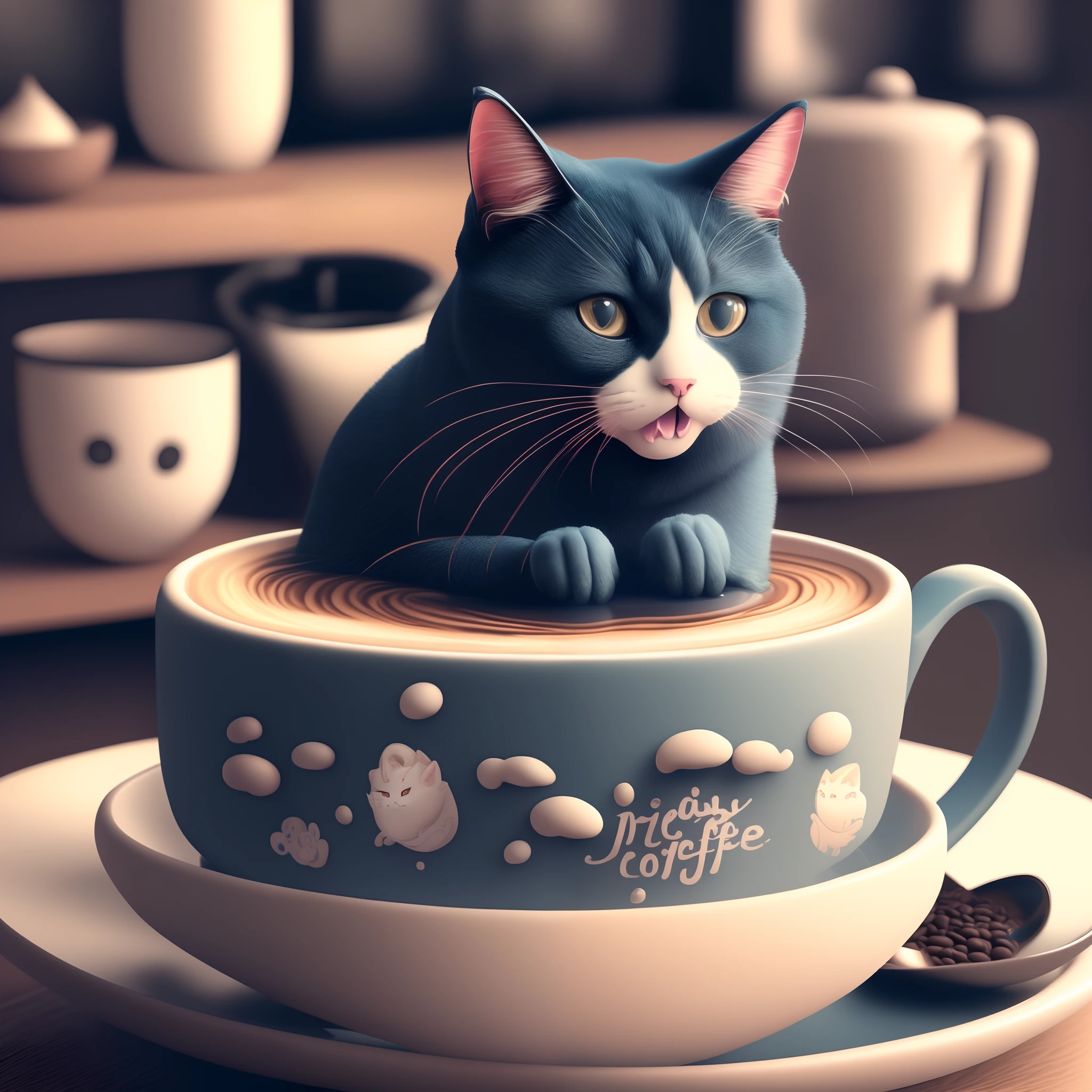 Social media banner for Japanese-style coffee shop, Indigo, Cat drinking coffee, Logo, higly detailed, graphically, 3D Rendering, Beautiful cat