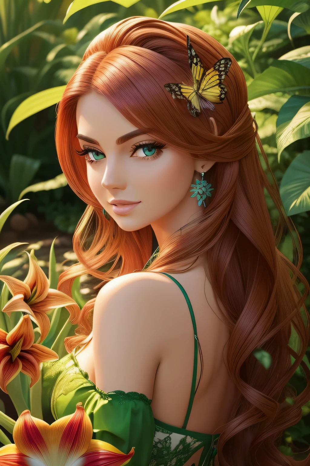 a feerical woman, fada, plantas, flores, verde, alta qualidade, cabelos castanhos, pelo castanho, paleta de cores quentes, fada, Deve fadas, winx, flora, flora winx, pelo castanho, verde, green, bondade, alegria, rosas, amaryllis, girassola, asas de fada, borboleta, asas,
