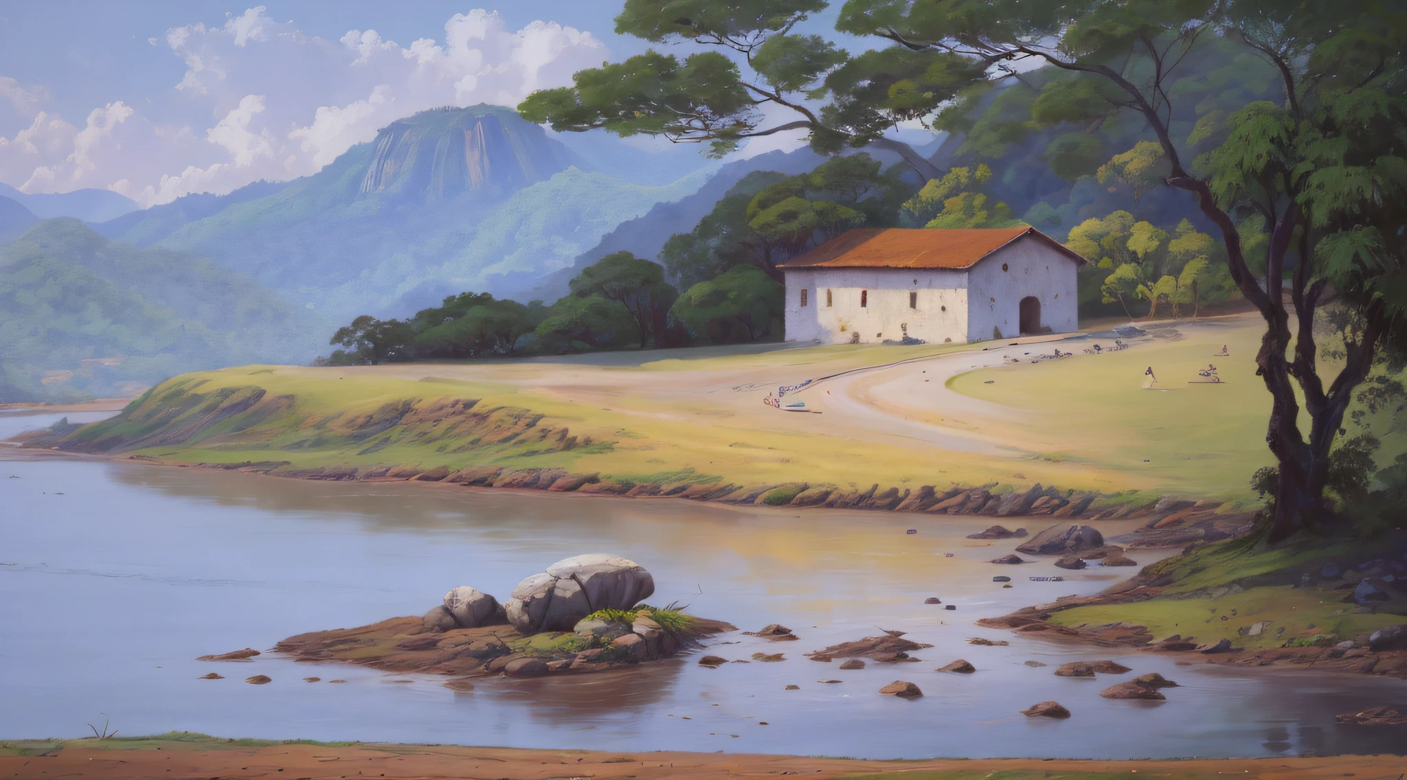 pintura de um rio que atravessa um vale verde exuberante com montanhas ao fundo, colinas fluidas, 8k resolution digital painting, 8k resolution digital painting, Pintura digital 4K, Pintura digital 4k, pintura digital detalhada, baixo detalhamento. pintura digital, Pintura Digital de Alto Detalhe, peaceful landscape, rio, trees and hills, pintura detalhada 4K, pintura digital 4k