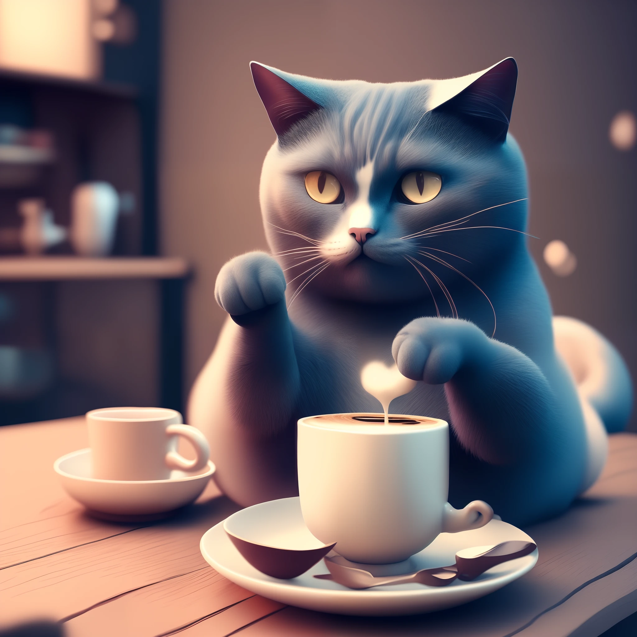 Social media banner for Japanese-style coffee shop, Indigo, Cat drinking coffee, Logo, higly detailed, graphically, 3D Rendering, Beautiful cat