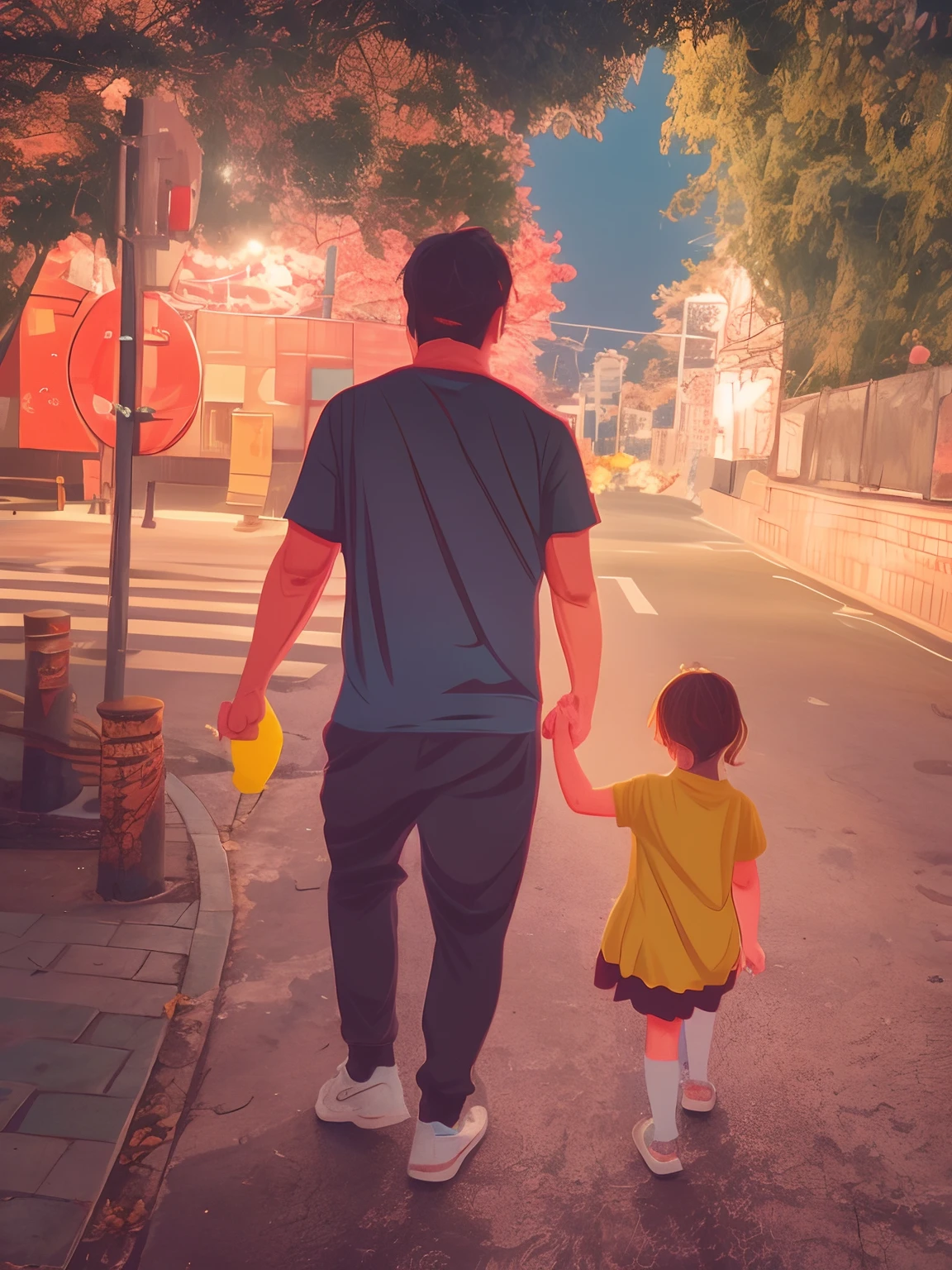 （Father and daughter holding hands，Street walks）Cute cartoon character，Cartoon costumes，style of anime，Cinematic lighting，hyper HD，anime big breast，Fuji colors