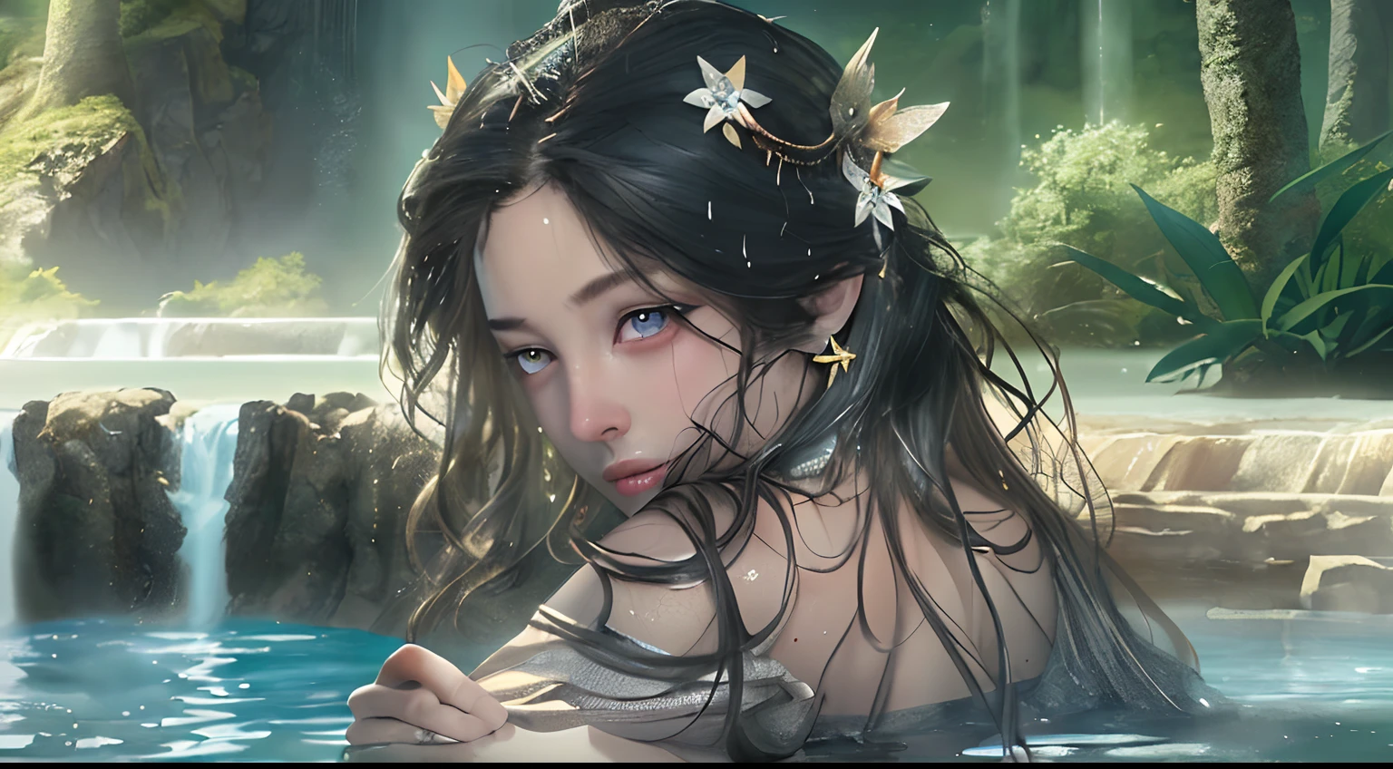 { - anatomy error}(Masterpiece - Ultra-detailed, very high resolution)hyper-realistic of a mysterious woman with flowing black hair, ears of elf, piercing opal eyes, and a delicate floral crown, delicate smile, whole body, sitting on the water, backwards, looking back, perfect eyes, perfect fingers