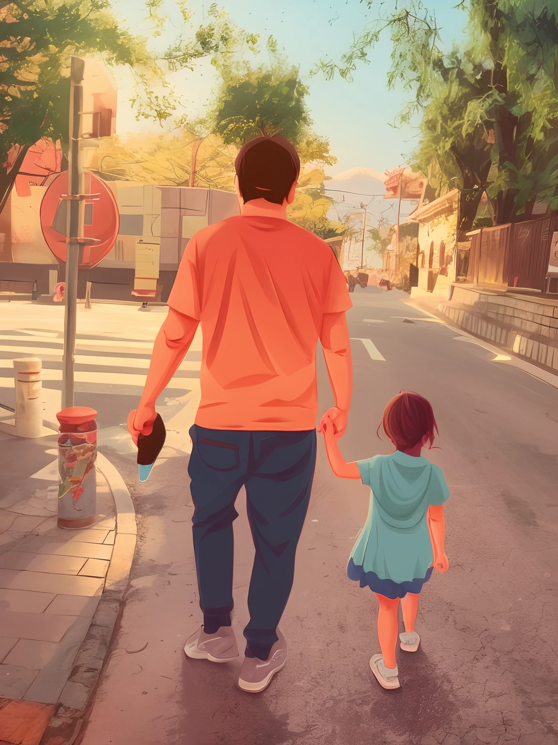 （Father and daughter holding hands，Street walks）Cute cartoon character，Cartoon costumes，style of anime，Cinematic lighting，hyper HD，anime big breast，Fuji colors