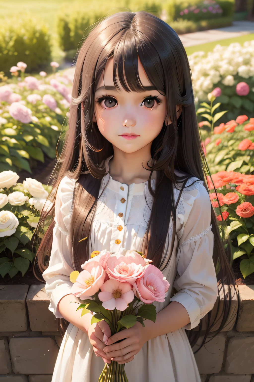 A girl with long wavy straight hair, bright eyes, symmetrical and straight nose, cherry-like small mouth, shallow smile, holding flowers in the background garden, UHD