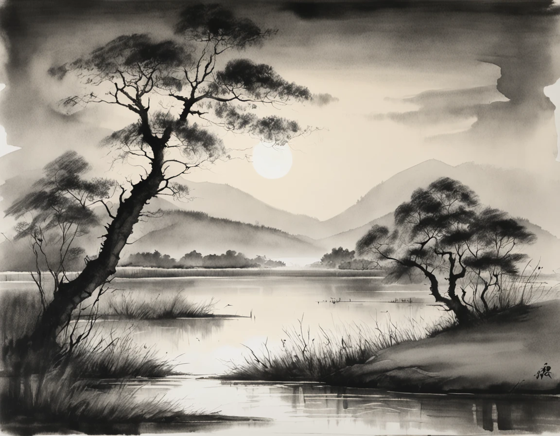 masterpiece, landscape, best quality, Chinese martial arts style, an Asian night scene, large lake between meadows, night scene with light reflections, lake surface, beautiful night scene, ((((Chinese martial arts style)))), with a vast sky, meadows surrounding, ink wash style, contour light, atmospheric atmosphere, depth of field, rising fog, meadow, (no color), monochrome, light color,