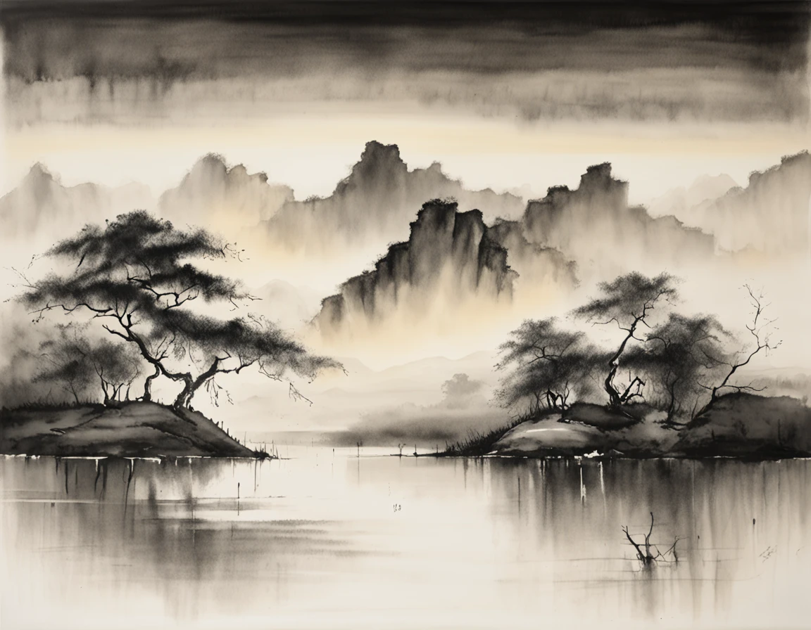 masterpiece, landscape, best quality, Chinese martial arts style, an Asian night scene, large lake between meadows, night scene with light reflections, lake surface, beautiful night scene, ((((Chinese martial arts style)))), with a vast sky, meadows surrounding, ink wash style, contour light, atmospheric atmosphere, depth of field, rising fog, meadow, (no color), monochrome, light color,