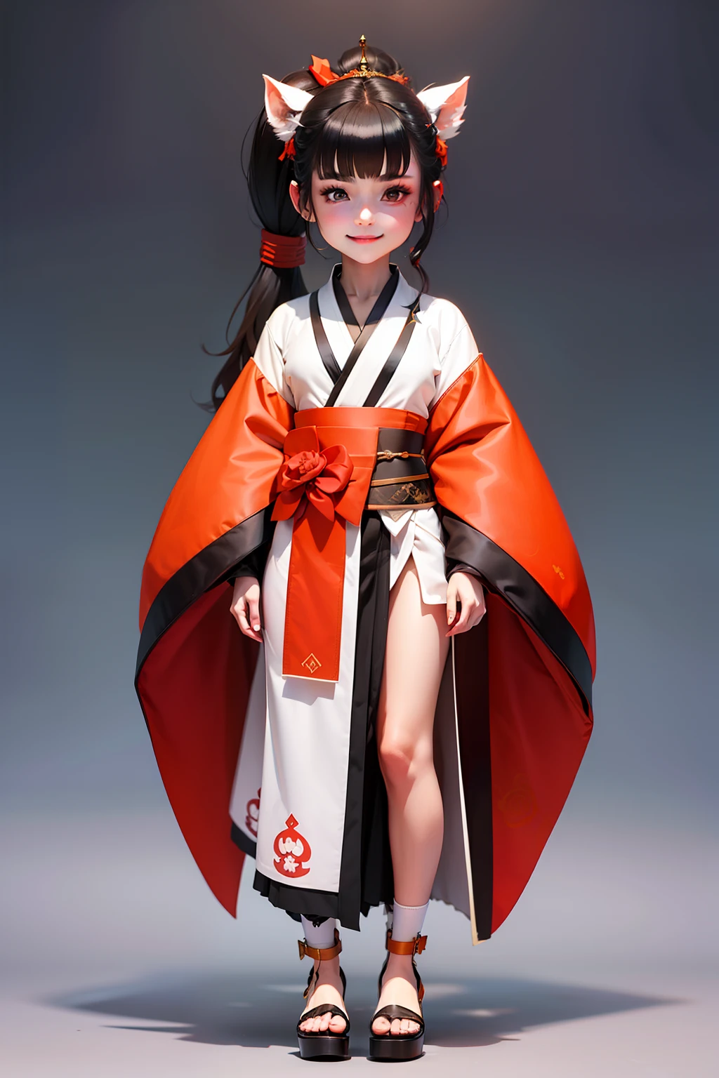 Priestess、Three-headed anime character、full bodyesbian、White kimono、Dark orange hakama、Wearing zori shoes、poneyTail、a smile、No background