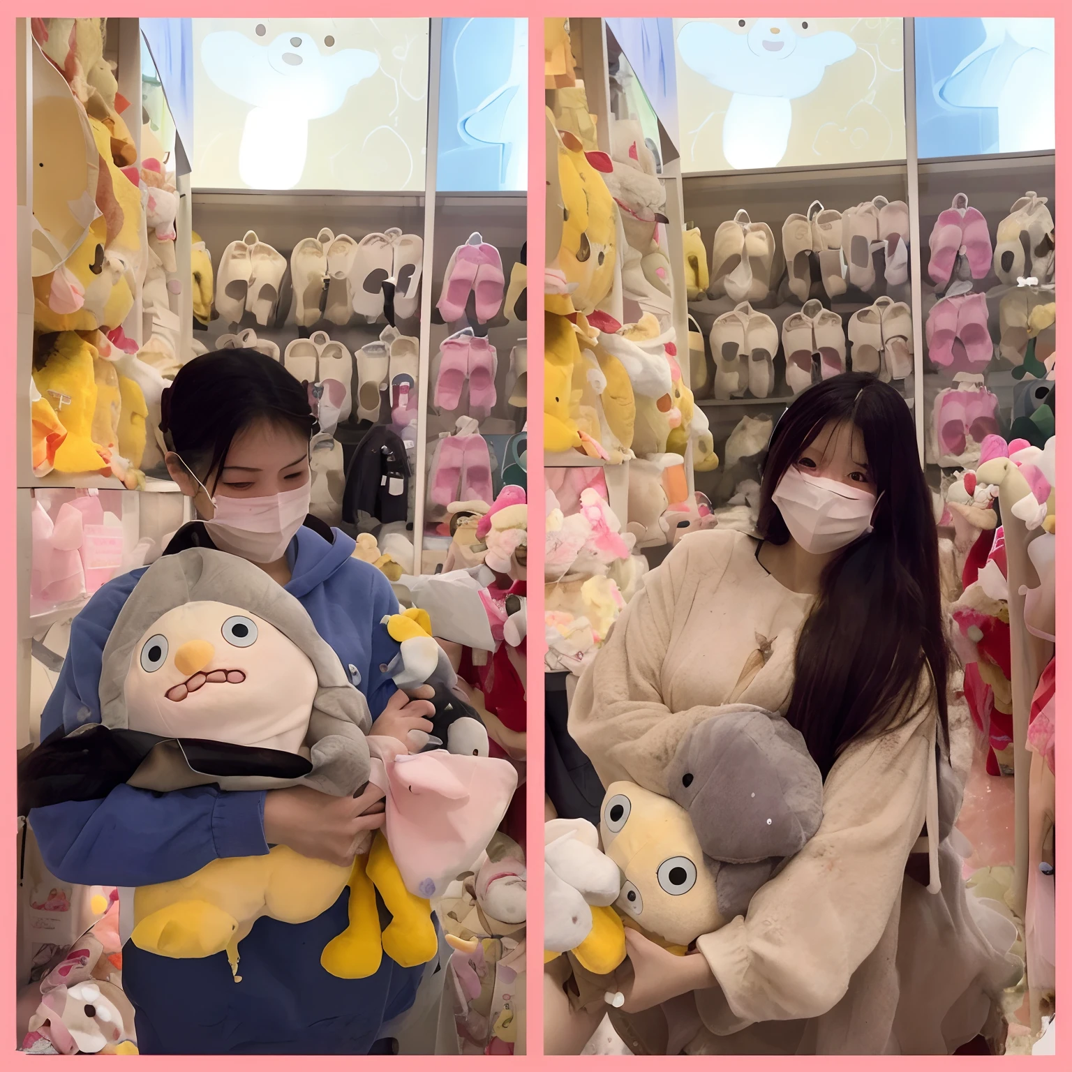 there are two pictures of a woman holding a stuffed animal, coronavirus as a stuffed toy, squishmallow, 😭🤮 💔, 😭 🤮 💕 🎀, けもの, plush toy, holding a 🛡 and an 🪓, aww, trending ,, 🤬 🤮 💕 🎀, high quality upload