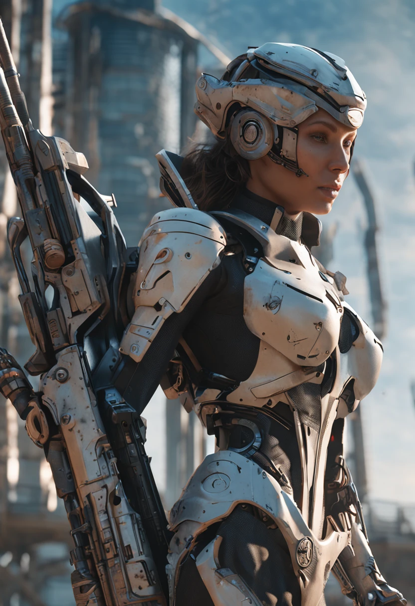 Crafting with ((best quality)), ((masterpiece)) precision, and an unmistakably ((realistic)) touch, delve into the intricacies of a (detailed) world where (photorealistic:1.5) design comes alive. The centerpiece is a futuristic girl, characterized by her (thick body) and clad in a (white bodysuit). Her armor emanates a captivating radiance as lights dance across its surface, while her cybernetic headwear adds an enigmatic allure. With a resolute gaze fixed upon the viewer, she embodies a (dynamic pose) that reverberates with energy. Set against a backdrop of a post-apocalyptic realm, the city lies in ruins, with (buildings on fire) illuminating the dystopian horizon. This science fiction narrative unfurls with the precision of HDR and (ray tracing), powered by NVIDIA RTX technology. Enhanced by super-resolution techniques, the scene unfolds within the Unreal Engine 5, where every detail is accentuated by (subsurface scattering) and (PBR texturing). Elevated further through meticulous (post-processing) methods, the image resonates with the allure of (anisotropic filtering) and (depth of field), ensuring maximum clarity and (sharpness) that adheres to the (rule of thirds). Rendered in (8k raw), this portrayal encompasses the brilliance of (luminescent particles:1.4) that permeate the scene. The ((extremely detailed CG, Unity 8k wallpaper)) boasts a 3D quality, orchestrated with (cinematic lighting) and punctuated by (lens flare) for dramatic effect. The composition is brought to life with (reflections) and (sharp focus), resonating with the essence of (cyberpunk art) and the intricacies of (cyberpunk architecture)