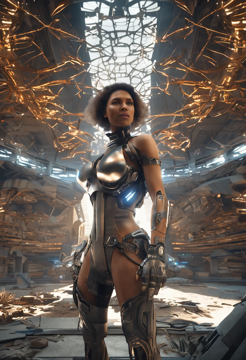 Crafting with ((best quality)), ((masterpiece)) precision, and an unmistakably ((realistic)) touch, delve into the intricacies of a (detailed) world where (photorealistic:1.5) design comes alive. The centerpiece is a futuristic girl, characterized by her (thick body) and clad in a (white bodysuit). Her armor emanates a captivating radiance as lights dance across its surface, while her cybernetic headwear adds an enigmatic allure. With a resolute gaze fixed upon the viewer, she embodies a (dynamic pose) that reverberates with energy. Set against a backdrop of a post-apocalyptic realm, the city lies in ruins, with (buildings on fire) illuminating the dystopian horizon. This science fiction narrative unfurls with the precision of HDR and (ray tracing), powered by NVIDIA RTX technology. Enhanced by super-resolution techniques, the scene unfolds within the Unreal Engine 5, where every detail is accentuated by (subsurface scattering) and (PBR texturing). Elevated further through meticulous (post-processing) methods, the image resonates with the allure of (anisotropic filtering) and (depth of field), ensuring maximum clarity and (sharpness) that adheres to the (rule of thirds). Rendered in (8k raw), this portrayal encompasses the brilliance of (luminescent particles:1.4) that permeate the scene. The ((extremely detailed CG, Unity 8k wallpaper)) boasts a 3D quality, orchestrated with (cinematic lighting) and punctuated by (lens flare) for dramatic effect. The composition is brought to life with (reflections) and (sharp focus), resonating with the essence of (cyberpunk art) and the intricacies of (cyberpunk architecture)