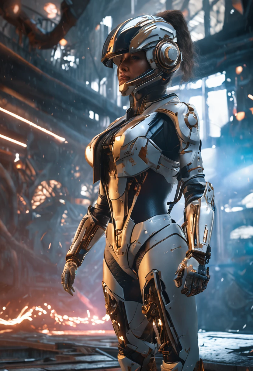 Crafting with ((best quality)), ((masterpiece)) precision, and an unmistakably ((realistic)) touch, delve into the intricacies of a (detailed) world where (photorealistic:1.5) design comes alive. The centerpiece is a futuristic girl, characterized by her (thick body) and clad in a (white bodysuit). Her armor emanates a captivating radiance as lights dance across its surface, while her cybernetic headwear adds an enigmatic allure. With a resolute gaze fixed upon the viewer, she embodies a (dynamic pose) that reverberates with energy. Set against a backdrop of a post-apocalyptic realm, the city lies in ruins, with (buildings on fire) illuminating the dystopian horizon. This science fiction narrative unfurls with the precision of HDR and (ray tracing), powered by NVIDIA RTX technology. Enhanced by super-resolution techniques, the scene unfolds within the Unreal Engine 5, where every detail is accentuated by (subsurface scattering) and (PBR texturing). Elevated further through meticulous (post-processing) methods, the image resonates with the allure of (anisotropic filtering) and (depth of field), ensuring maximum clarity and (sharpness) that adheres to the (rule of thirds). Rendered in (8k raw), this portrayal encompasses the brilliance of (luminescent particles:1.4) that permeate the scene. The ((extremely detailed CG, Unity 8k wallpaper)) boasts a 3D quality, orchestrated with (cinematic lighting) and punctuated by (lens flare) for dramatic effect. The composition is brought to life with (reflections) and (sharp focus), resonating with the essence of (cyberpunk art) and the intricacies of (cyberpunk architecture)