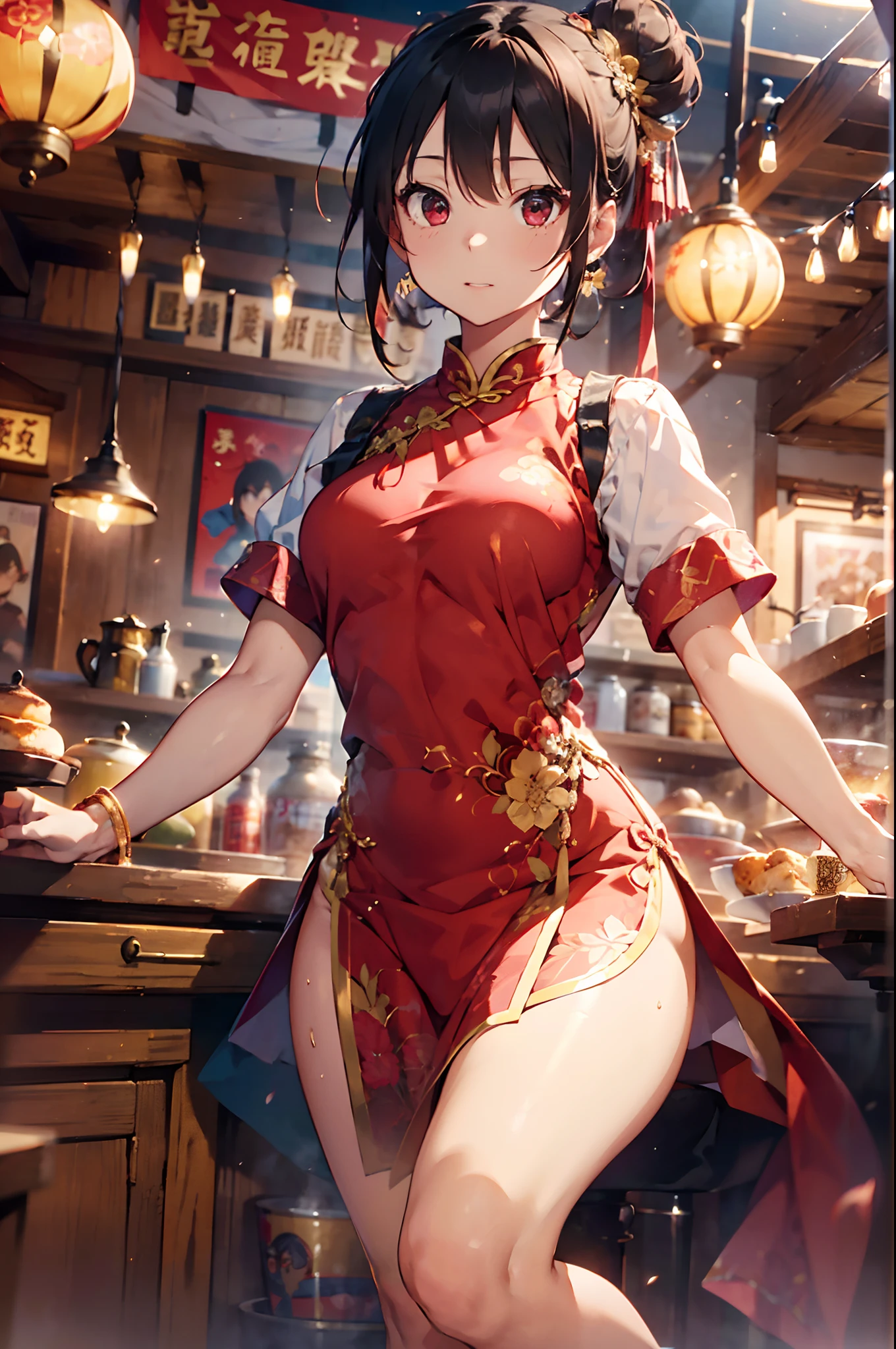 A woman in a Chinese dress making steamed meat buns at a Chinese restaurant　Giant steamer　Large Breasts　パンダ