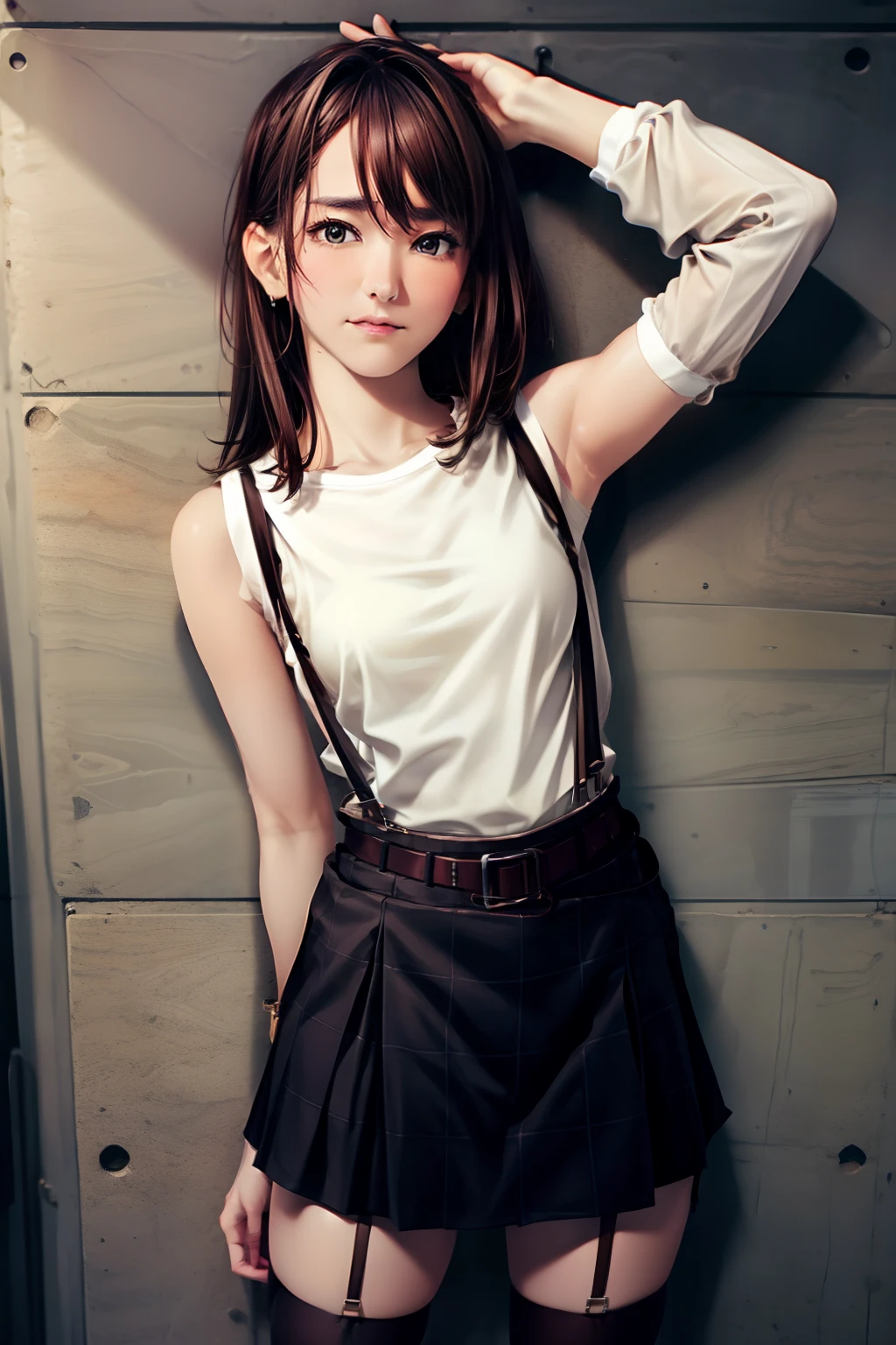 skirt by the, Tank Tops suspenders, Brown hair short, Gray eyes, Garter belt on the legs, Big and tight clothes, a belt Armpit sweat deadpan