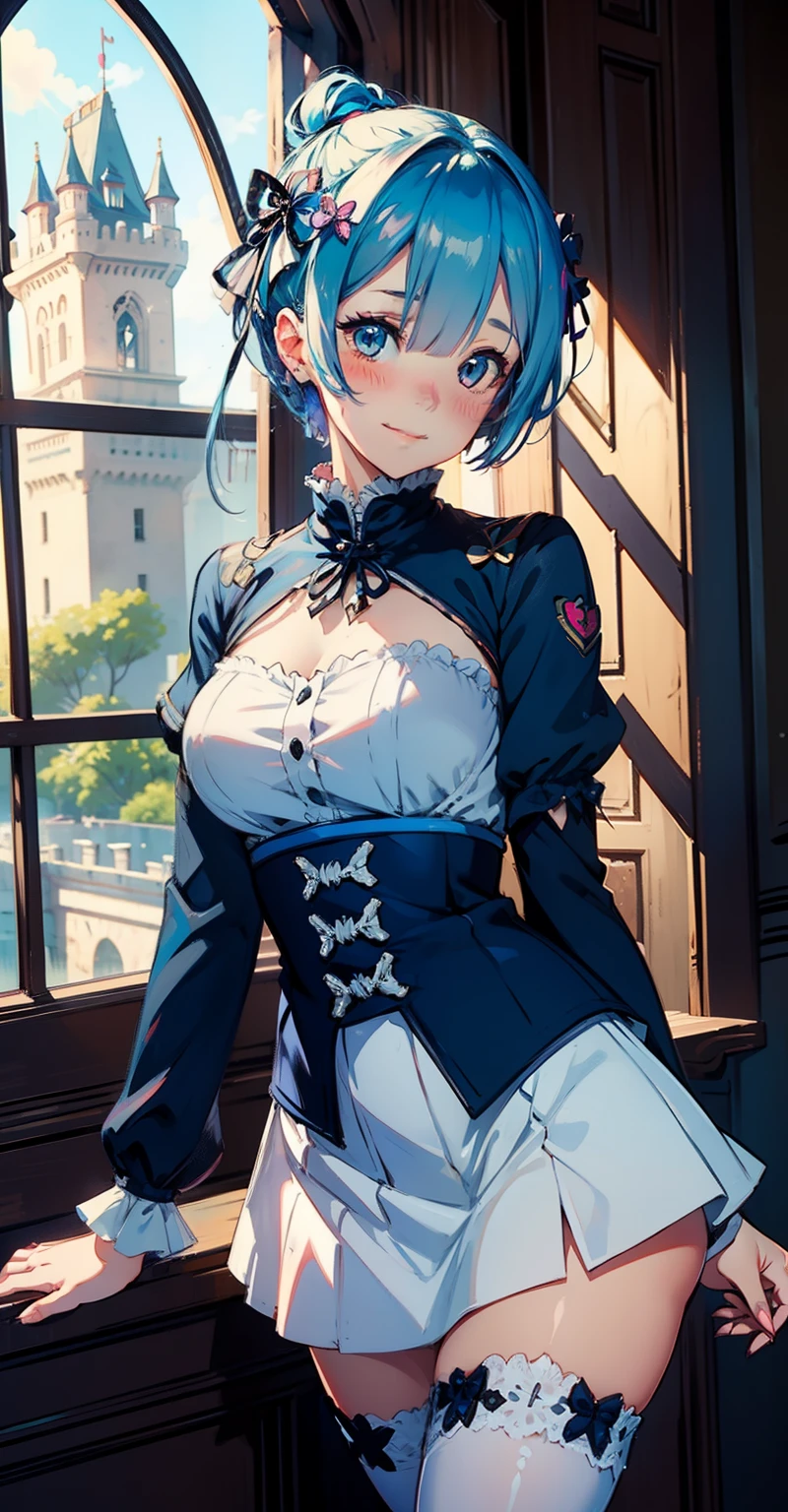 blue hair, rem \(re:zero\), [smile], blush, castle,, masterpiece, best quality, perfect lighting, 1girl, skirt, medium breasts,