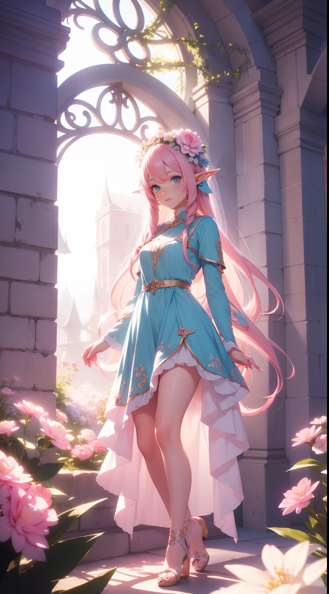 cute elf, long light pink hair, flowers in hair, blue eyes, cute dress, full body, artstation, illustration, dynamic soft lighting, fantasy framing, high resolution 4k, hdr, stylistic,