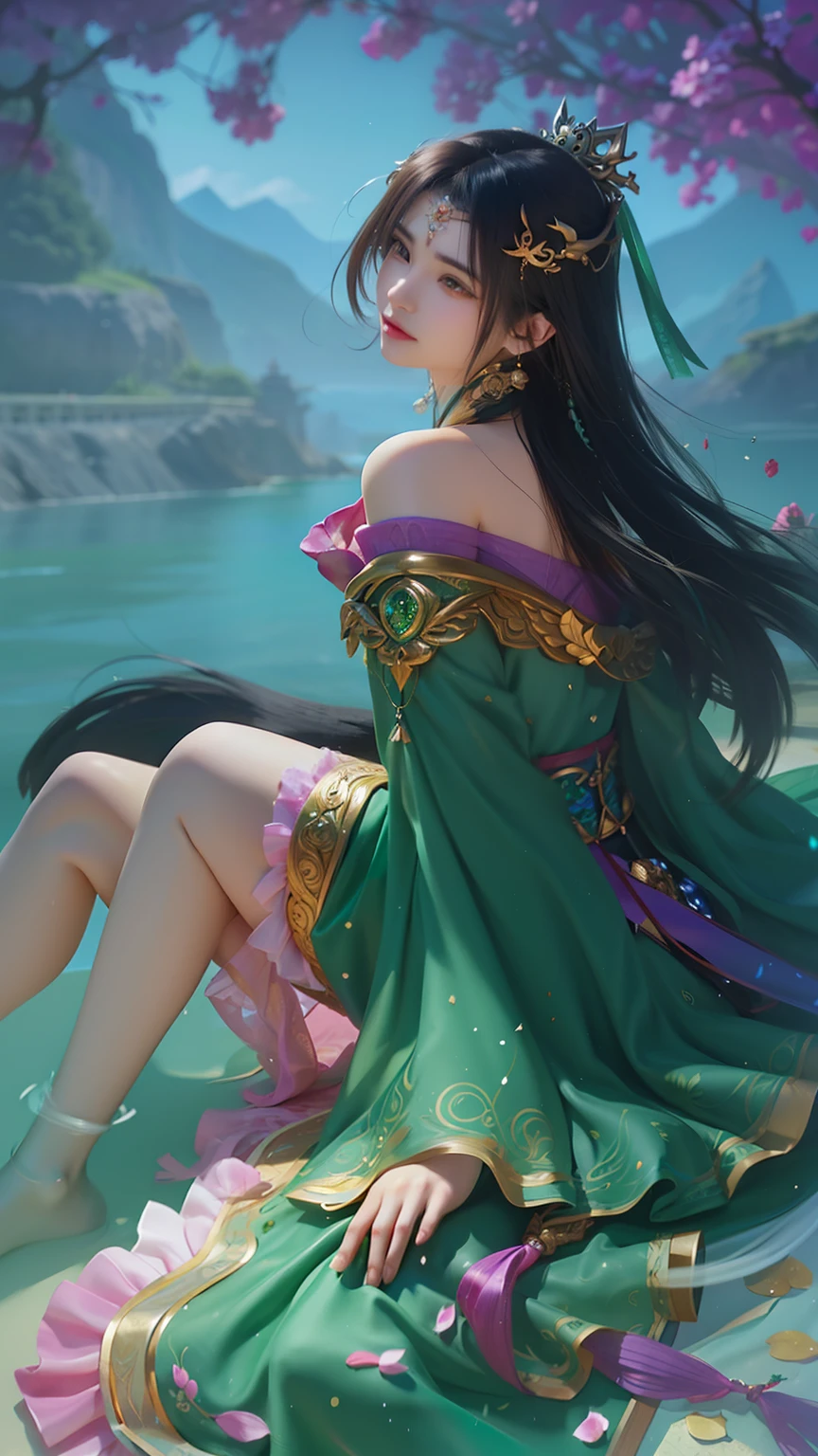 A woman in a green dress sits on a rock with a sword, queen of the sea mu yanling, art-style, Extremely detailed Artgerm, full-body xianxia, Style Artgerm, a beautiful fantasy empress, Inspired by Lan Ying, by Yang J, Artgerm Plat, ! Dream Artgerm, Fantasy art style