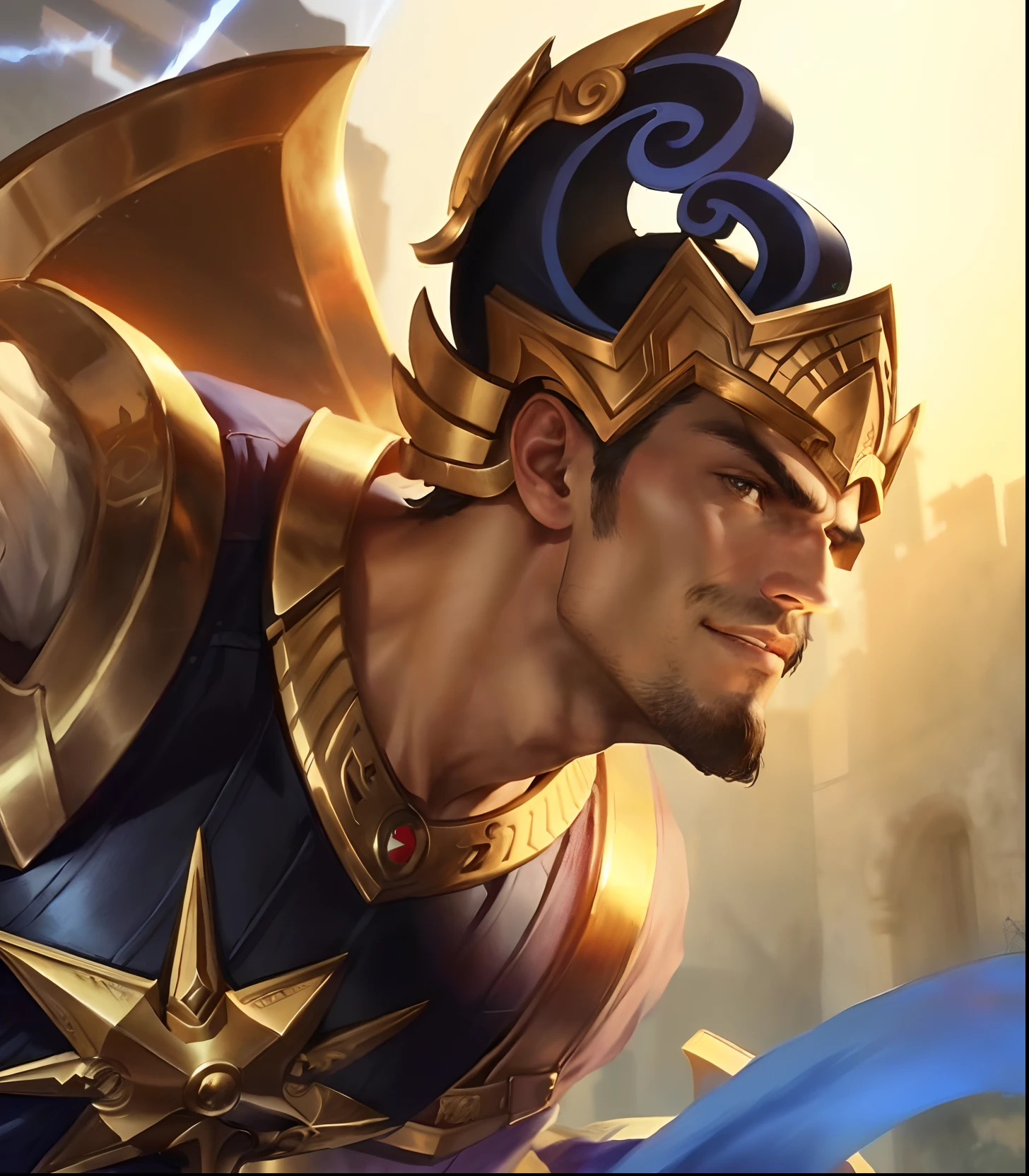 a close up of a man with a helmet on holding a sword, gatotkaca,young man handsome
