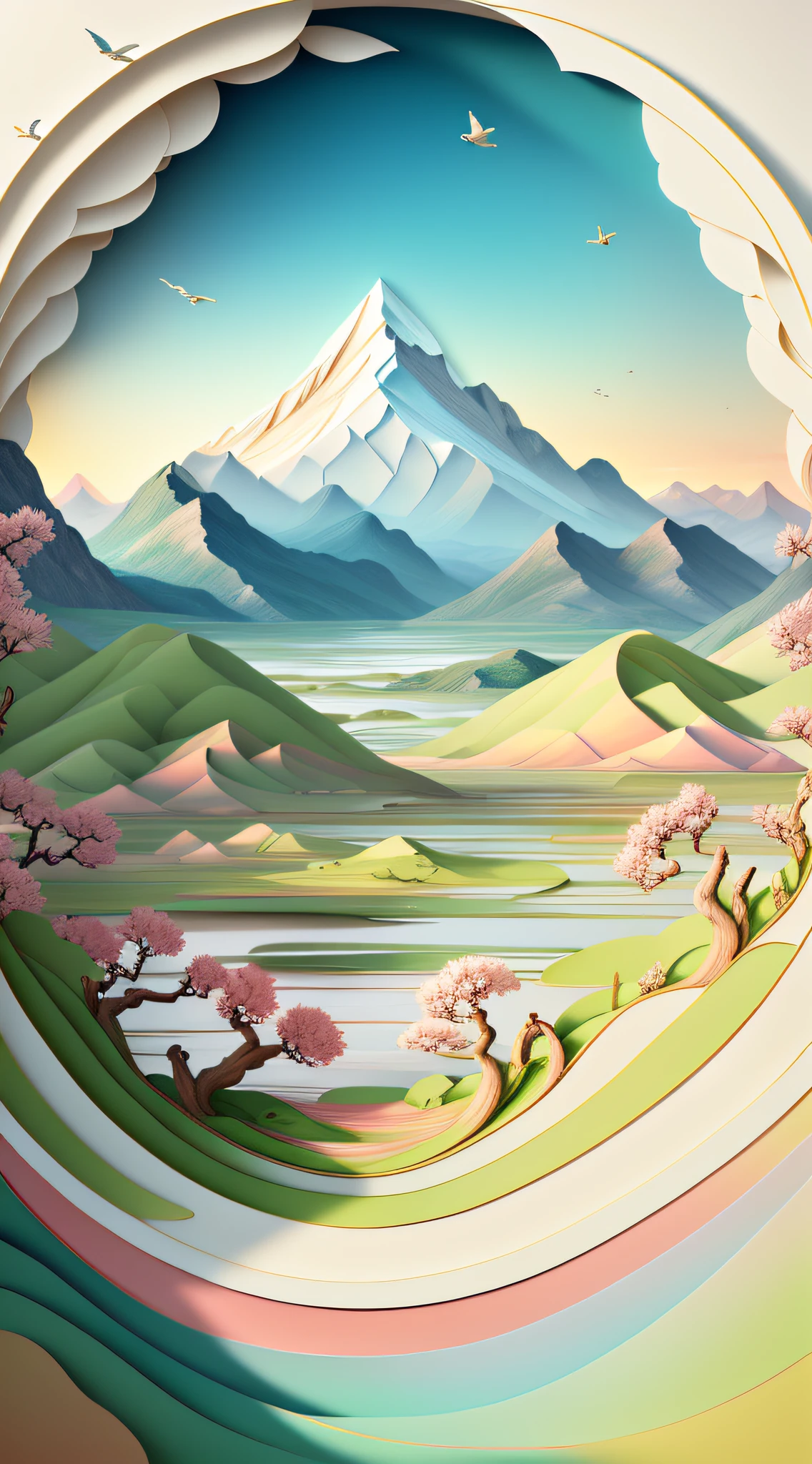 Natural and organic depictions of vast landscapes，Distant mountains and near waters，A young man looking at peach blossoms，Features earth tones and botanical motifs，Withdraw connections to nature and the environment，Influenced by botanical illustrations or environmental art，Created by artists such as Georgia O'Keefe or Christo and Jeanne-Claude，3Drenderingof，Sky birds，