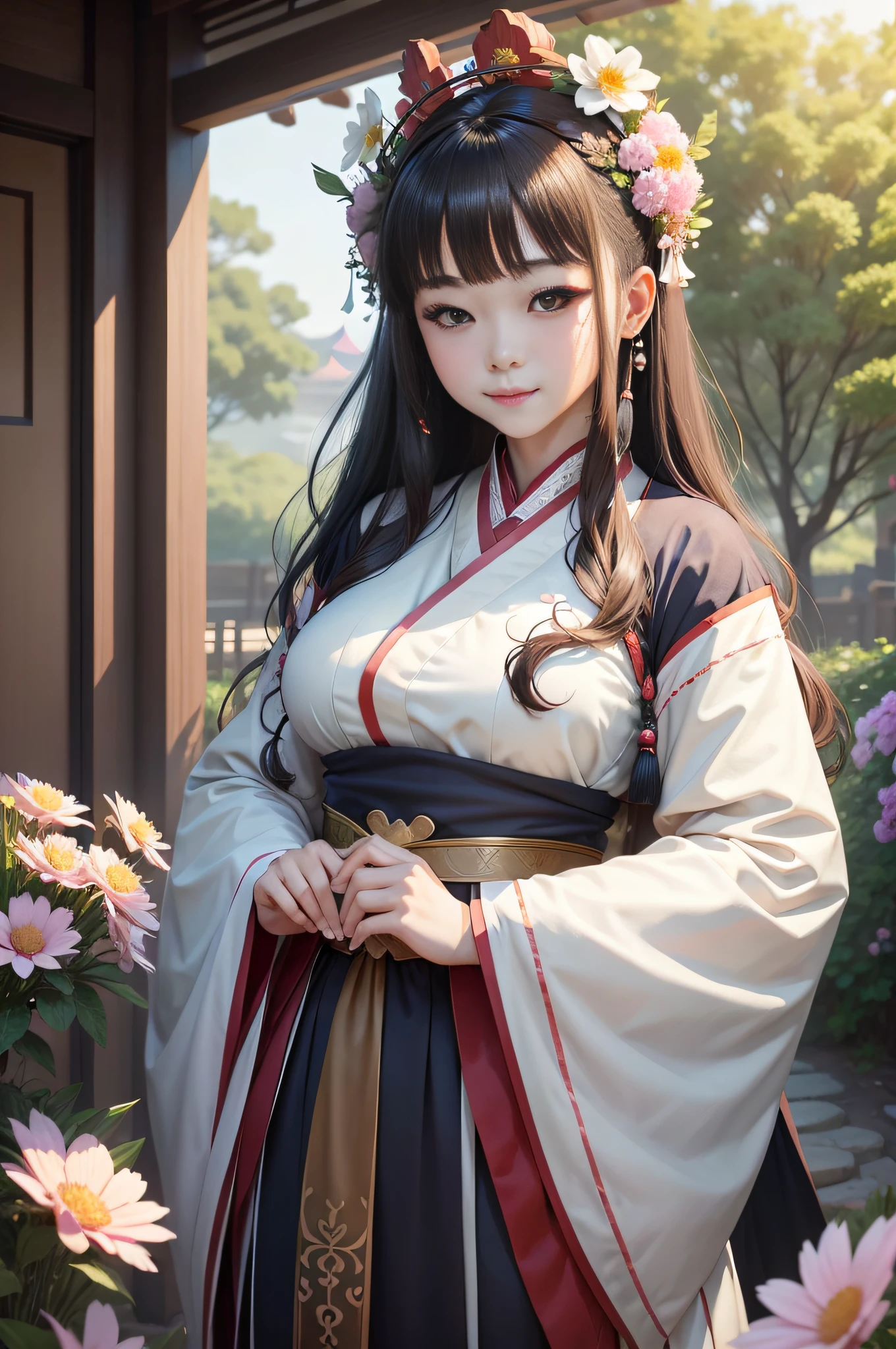 Hanfu ,Good facial features,,big breasts beautiful,Wear a garland on your head,Stand in a sea of flowers,ssmile,A princess